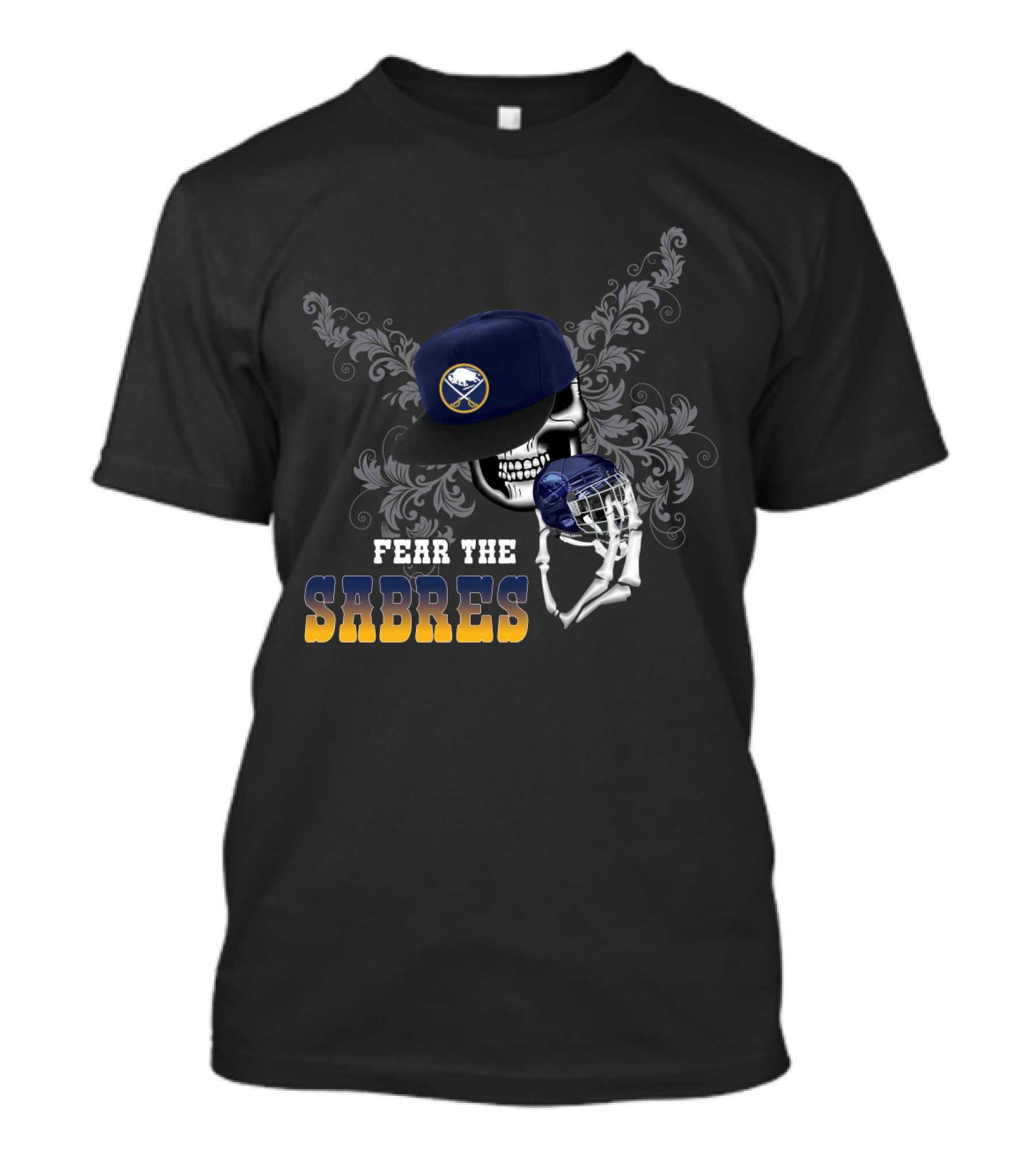 Fear The Buffalo Sabres Skull With Hockey Helmet And Cap T-Shirt