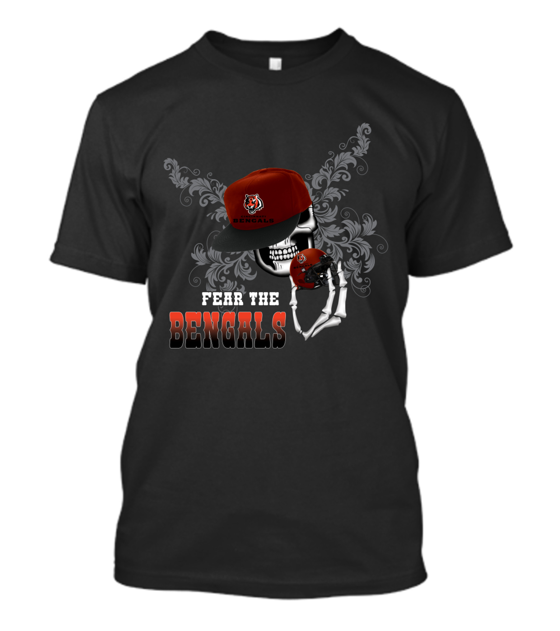 Fear The Bengals Skull With Cap And Helmet Design For Cincinnati Fans T-Shirt