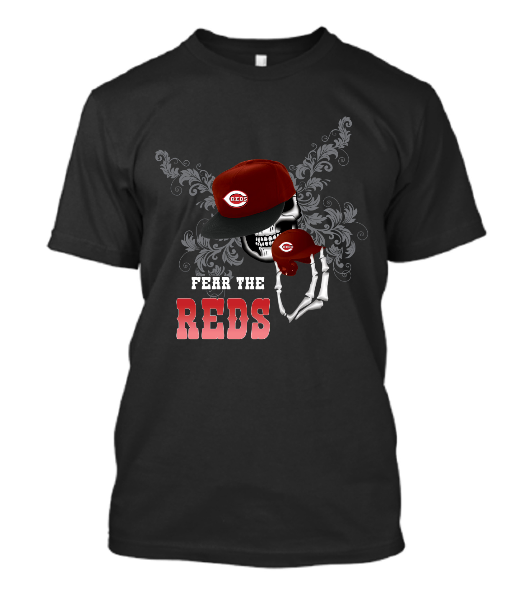 Fear The Cincinnati Reds Skull Skeleton With Red Cap And Floral T-Shirt