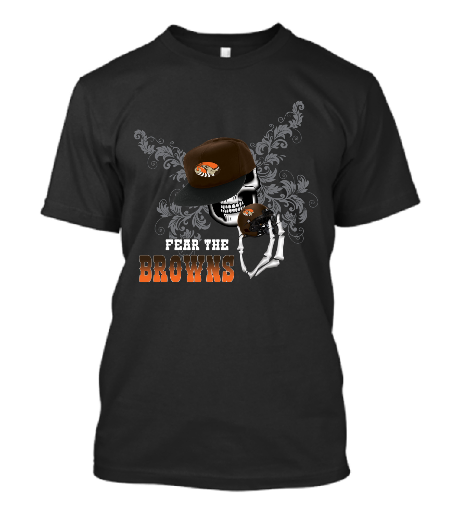 Fear The Cleveland Browns Skull With Helmet And Cap T-Shirt
