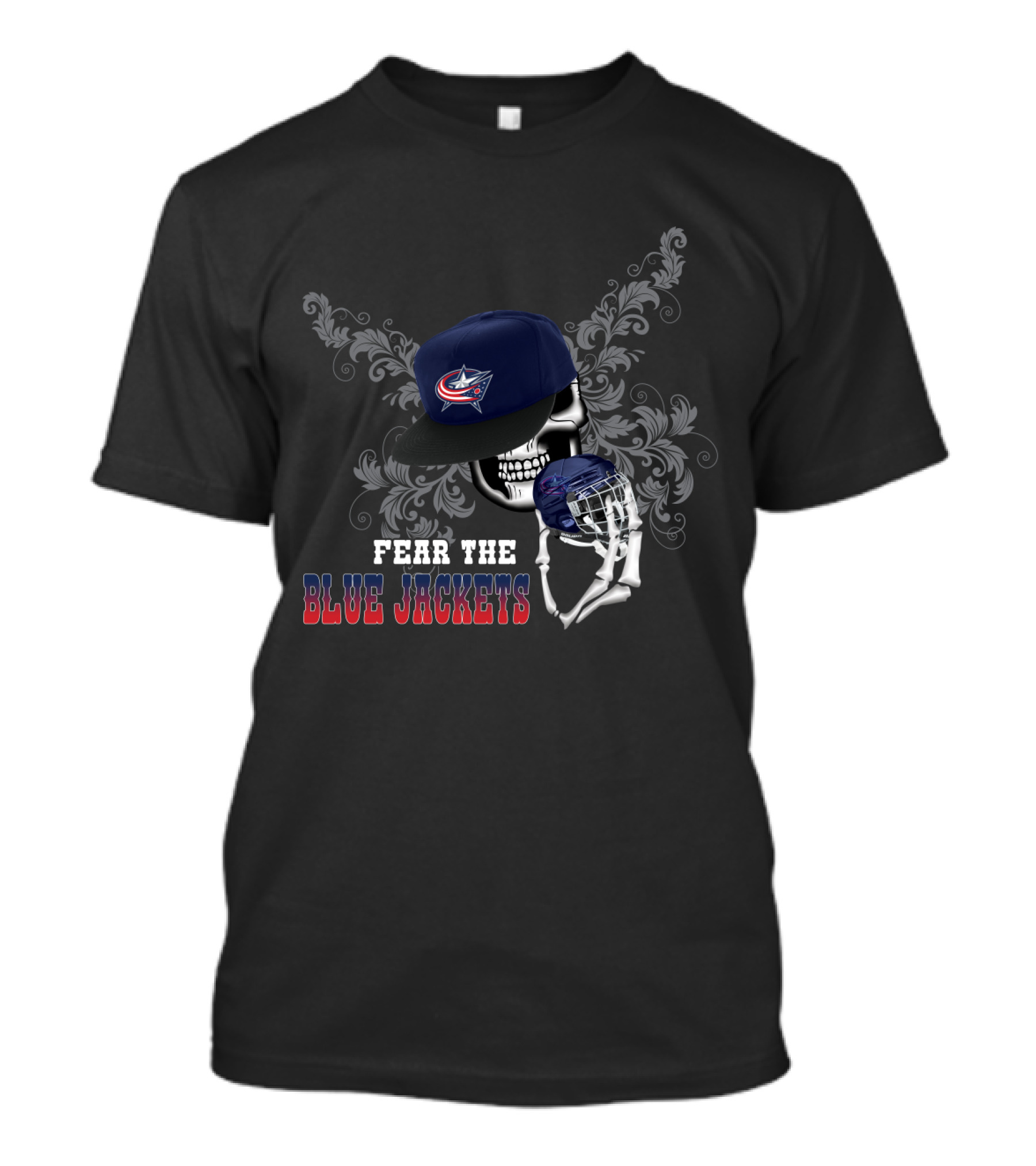 Fear The Columbus Blue Jackets Skull With Hockey Helmet And Hat T-Shirt