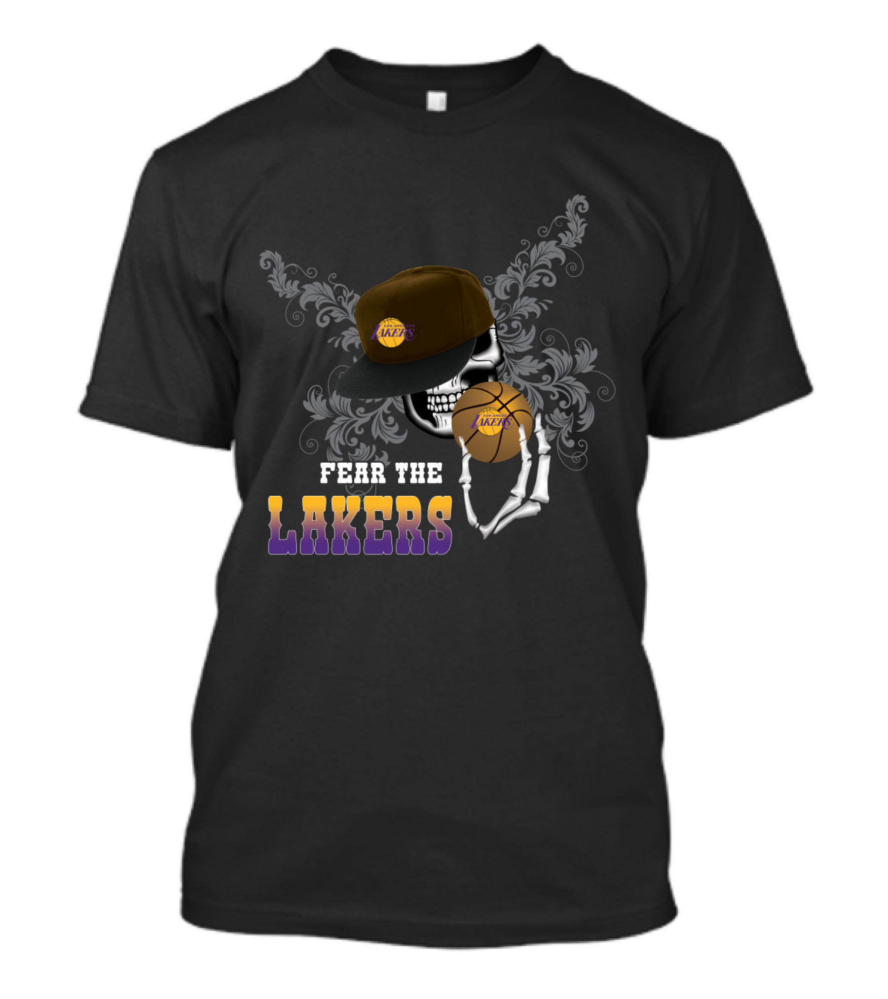 Fear The Lakers Skull With Basketball And Cap T-Shirt
