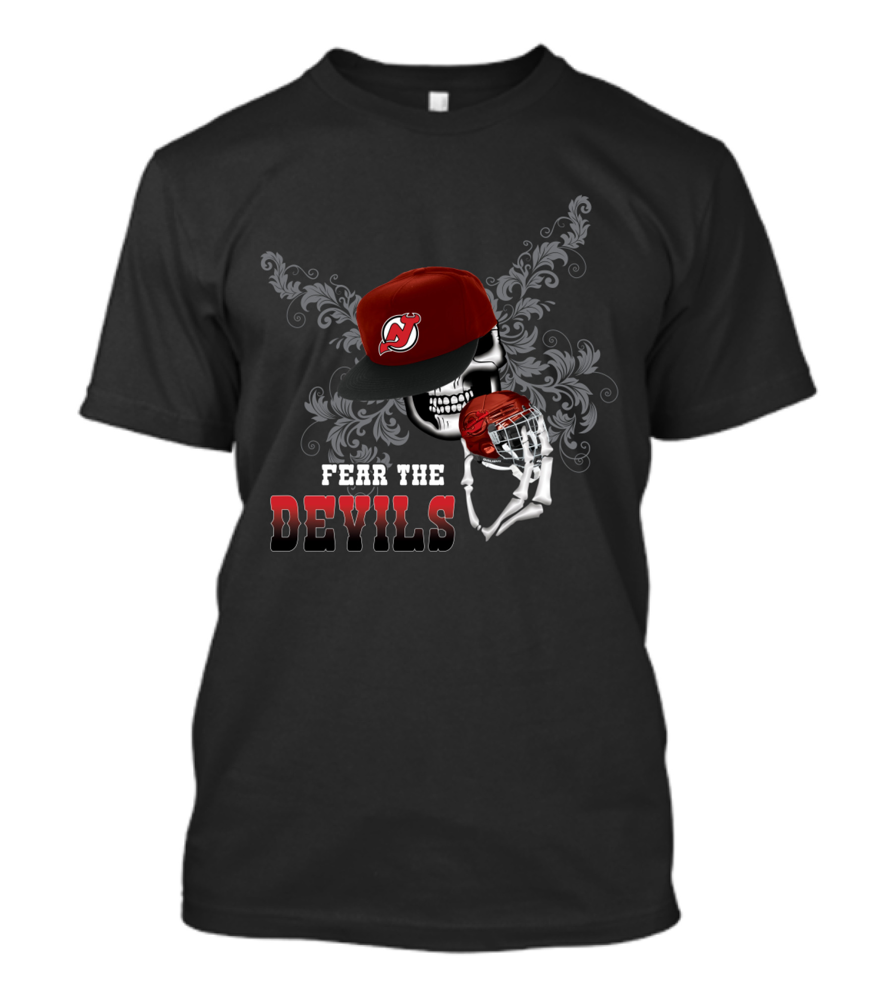 Fear The Devils Skull With New Jersey Devils Cap And Hockey Helmet T-Shirt