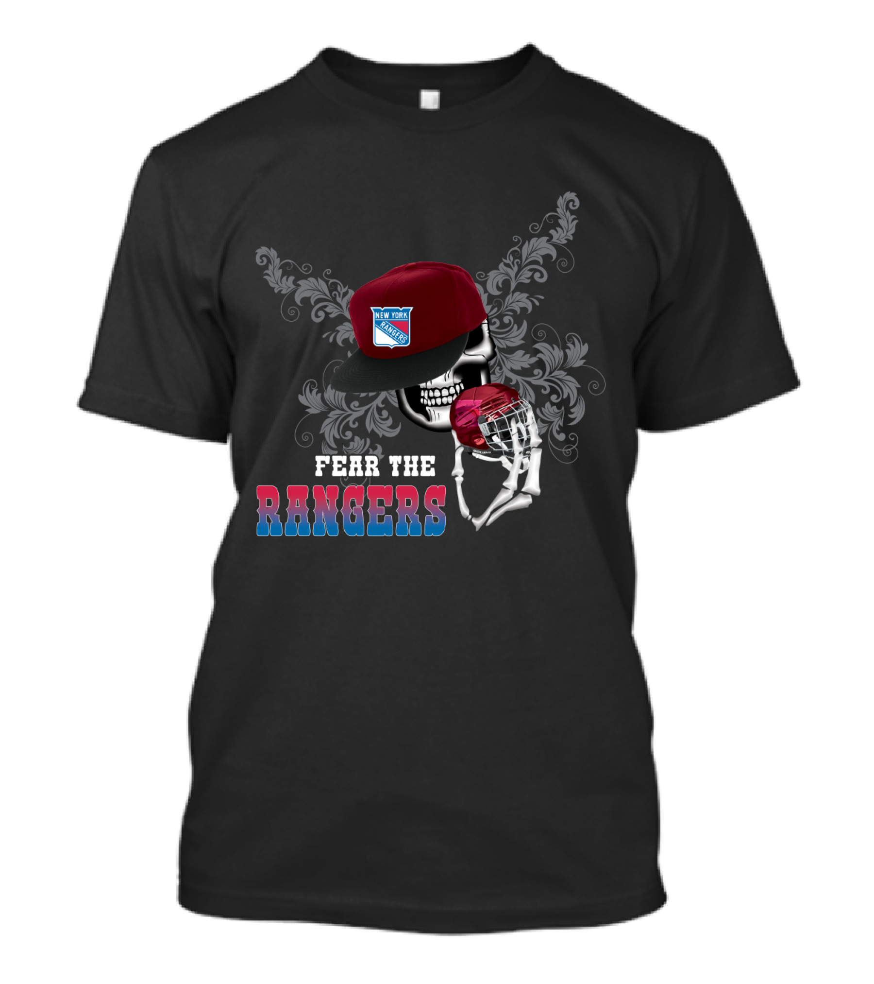 Fear The New York Rangers Skull With Hockey Helmet And Cap T-Shirt