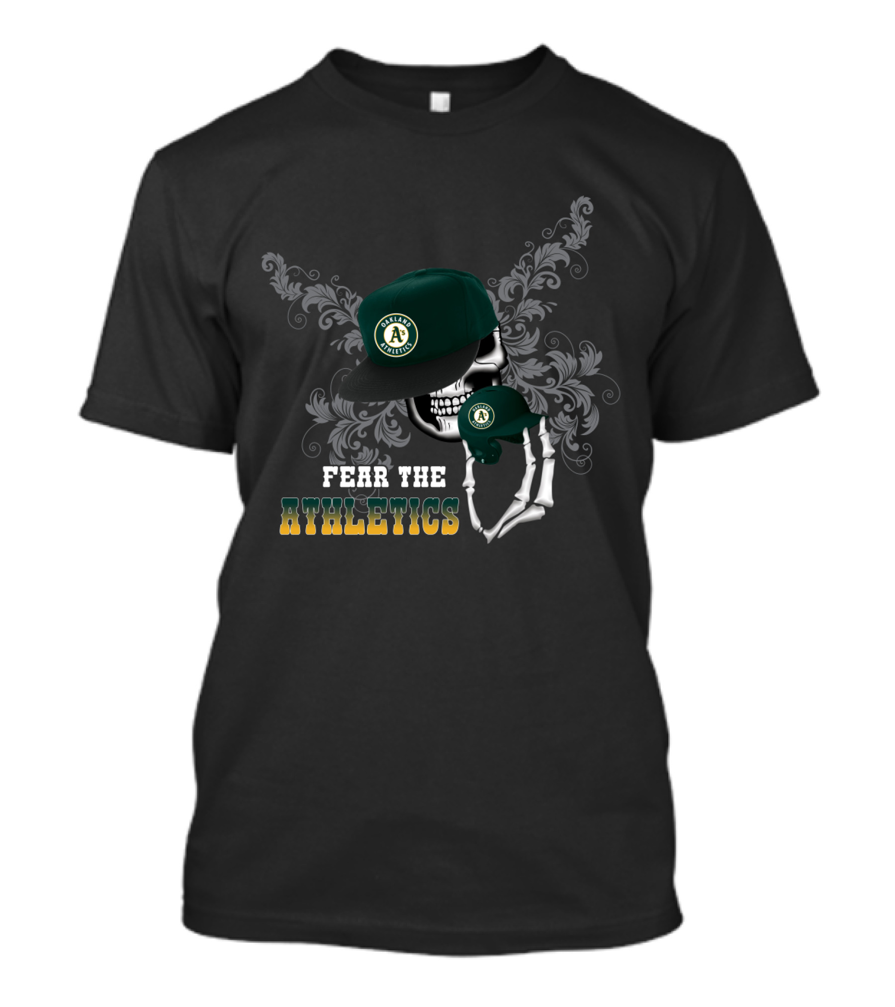 Fear The Oakland Athletics Skull With Cap And Skeleton Hand T-Shirt