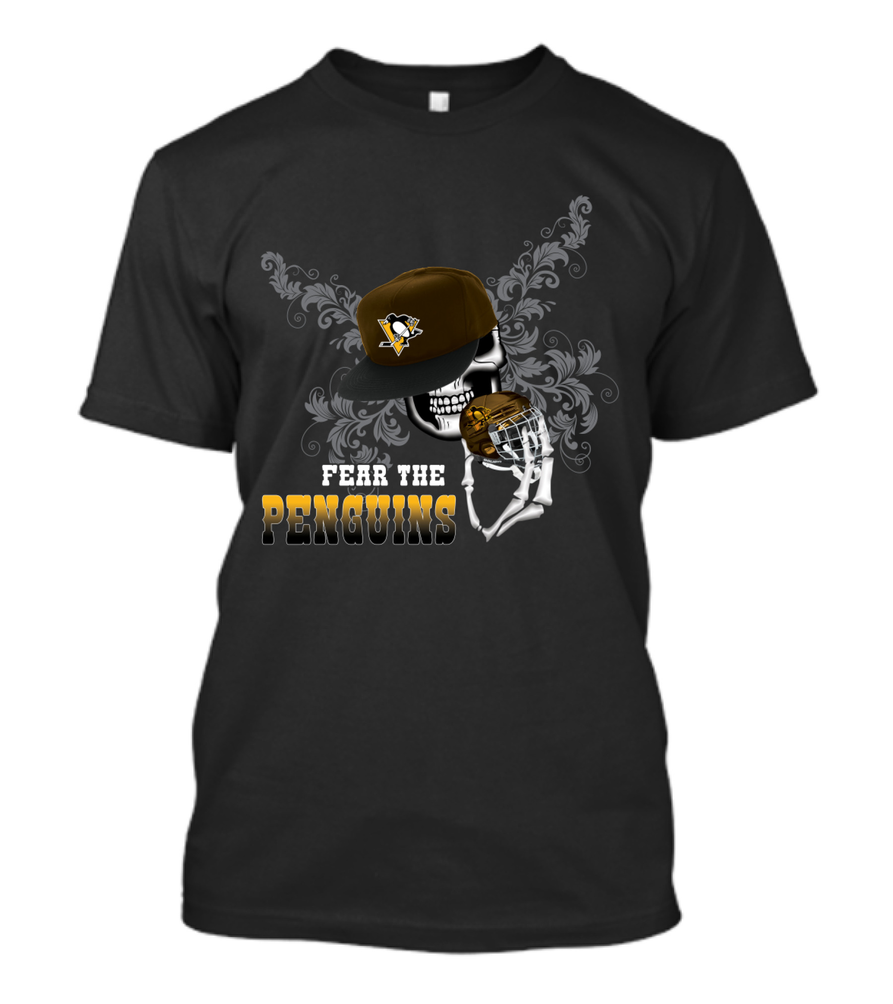 Pittsburgh Penguins Skull Holding Helmet With Logo And Fear The Penguins Text T-Shirt