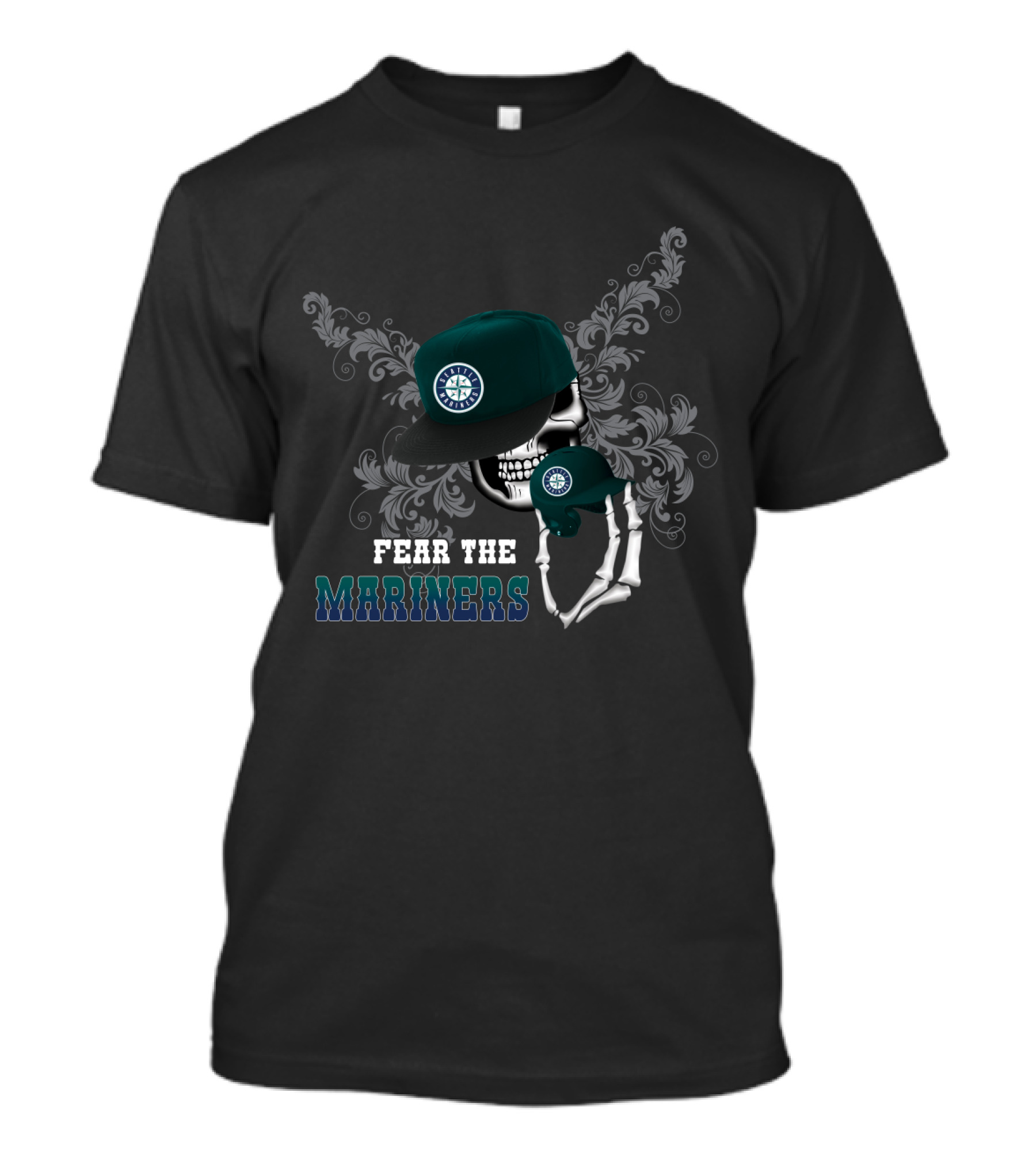 Fear The Mariners Skull With Seattle Mariners Cap T-Shirt