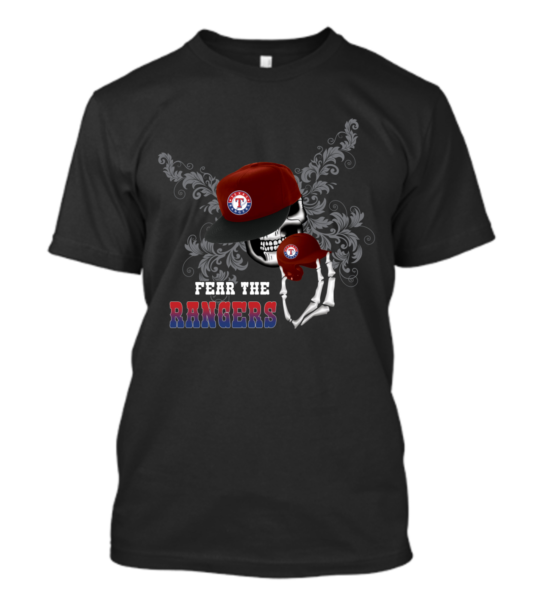 Texas Rangers Skull And Hat Design With Fear The Rangers Text T-Shirt