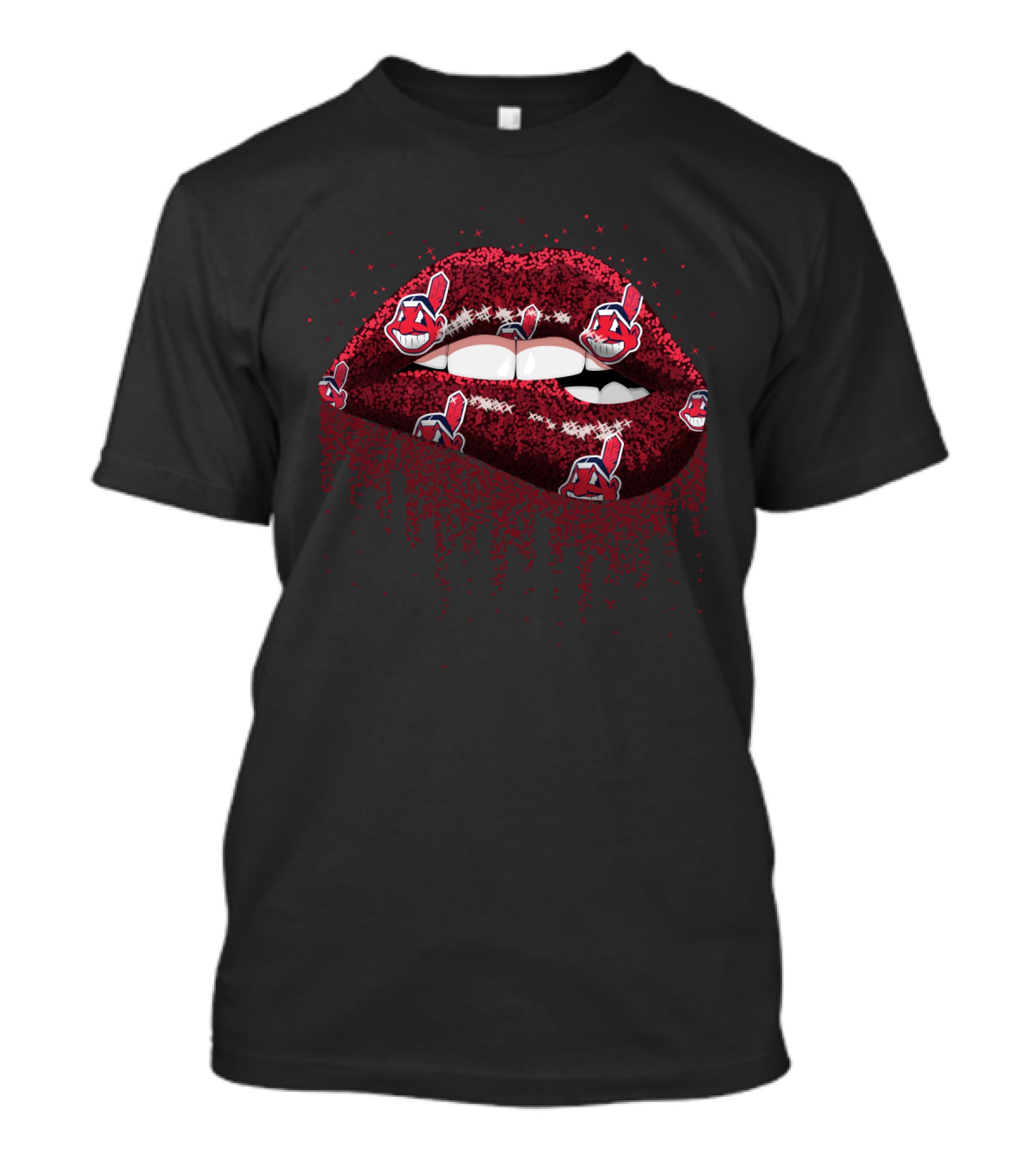 Red Glitter Lips With Cleveland Indians Logos For Fans T-Shirt