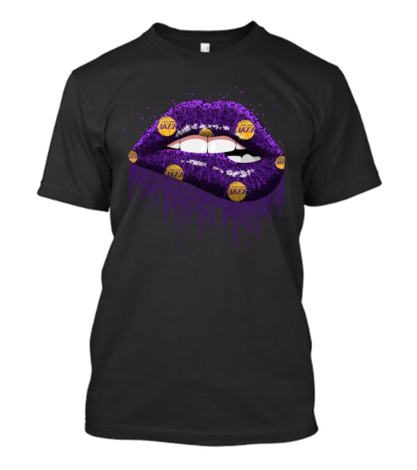 Glitter Purple Lips Decorated With Los Angeles Lakers Basketball Logos For Fans T-Shirt