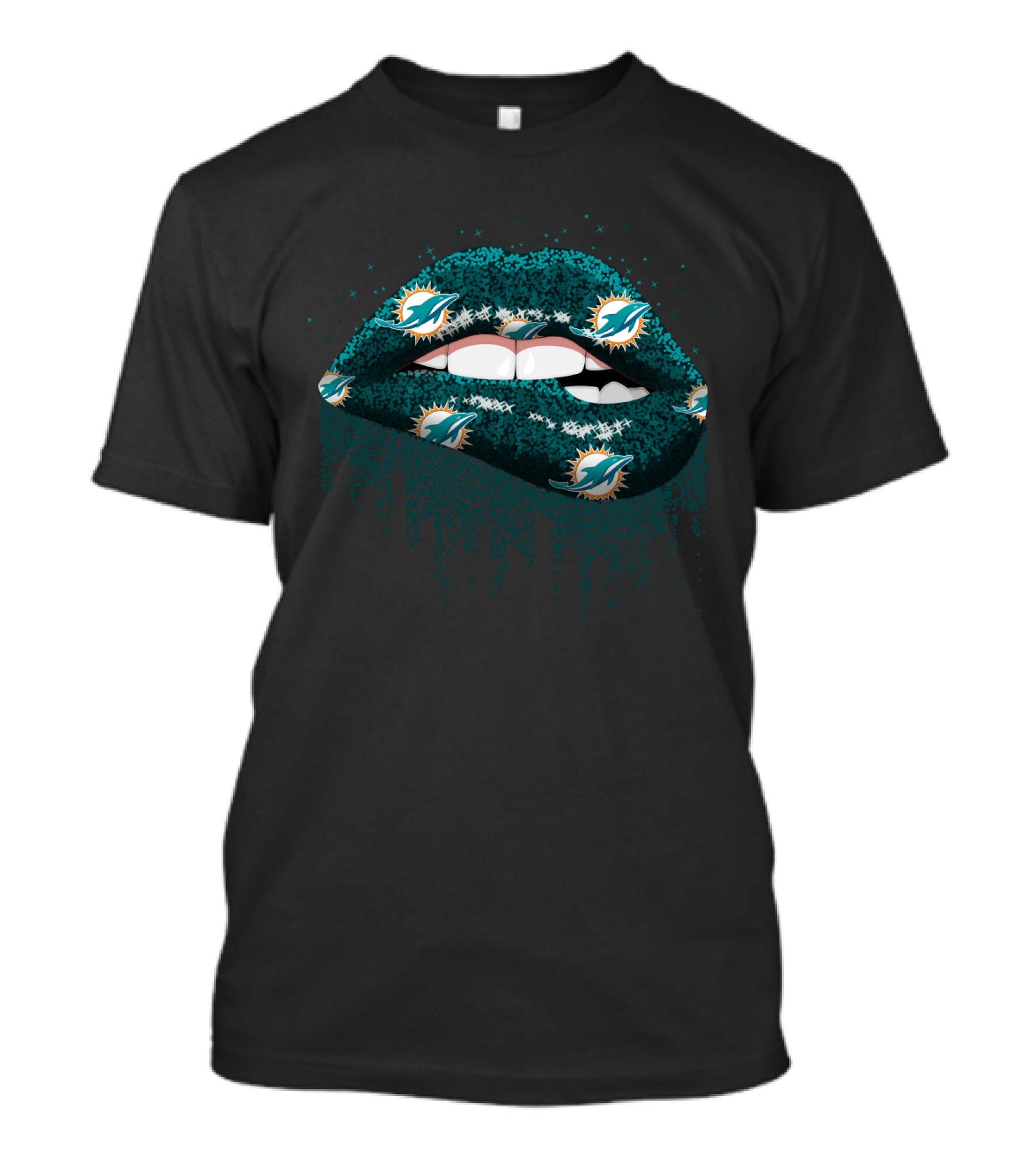 Glitter Patterned Lips With Miami Dolphins Logo For Fans T-Shirt