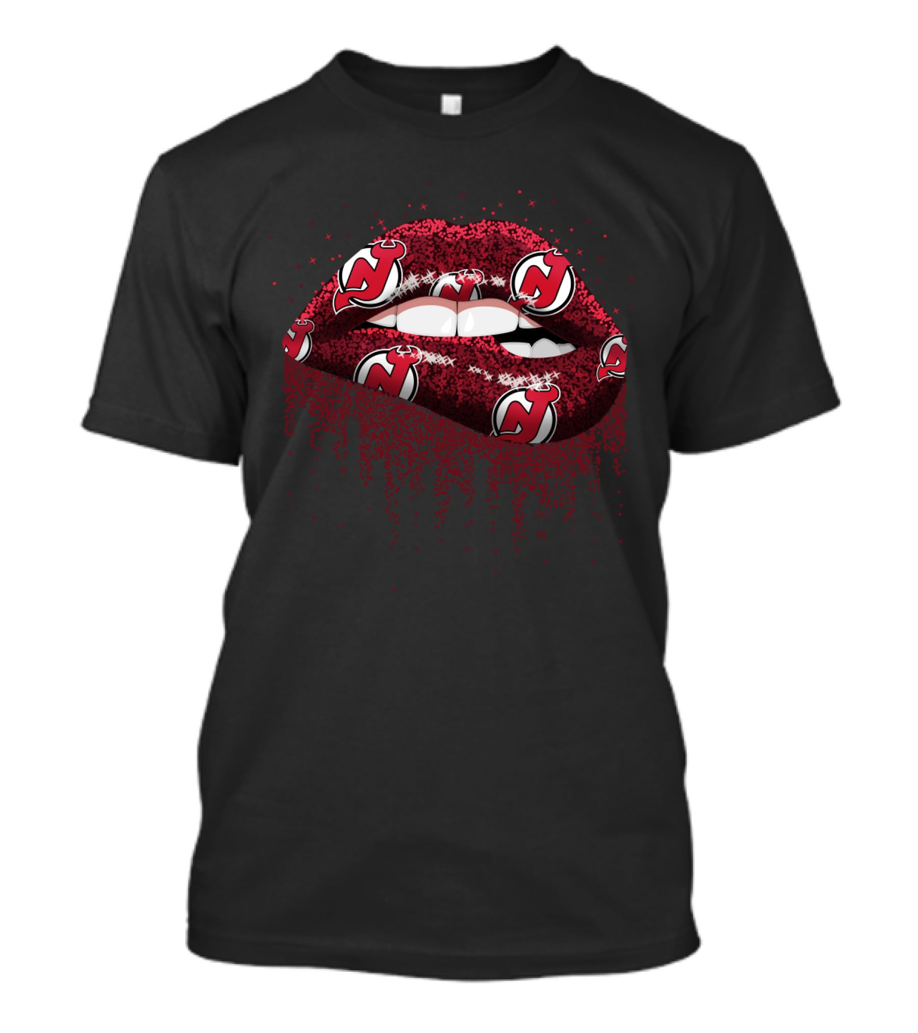 New Jersey Devils Glitter Lips Fan Art With Team Logo T-Shirt
