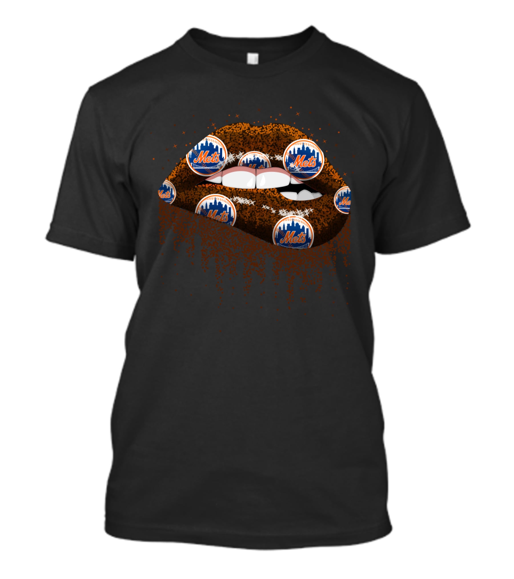 New York Mets Glitter Lips Fan Art With Team Logos And Sparkling Effects T-Shirt