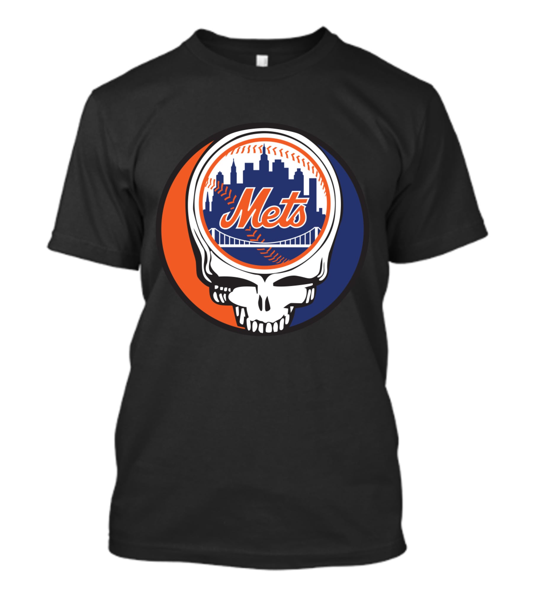 Skull Logo Blending New York Mets Skyline With Grateful Dead T-Shirt