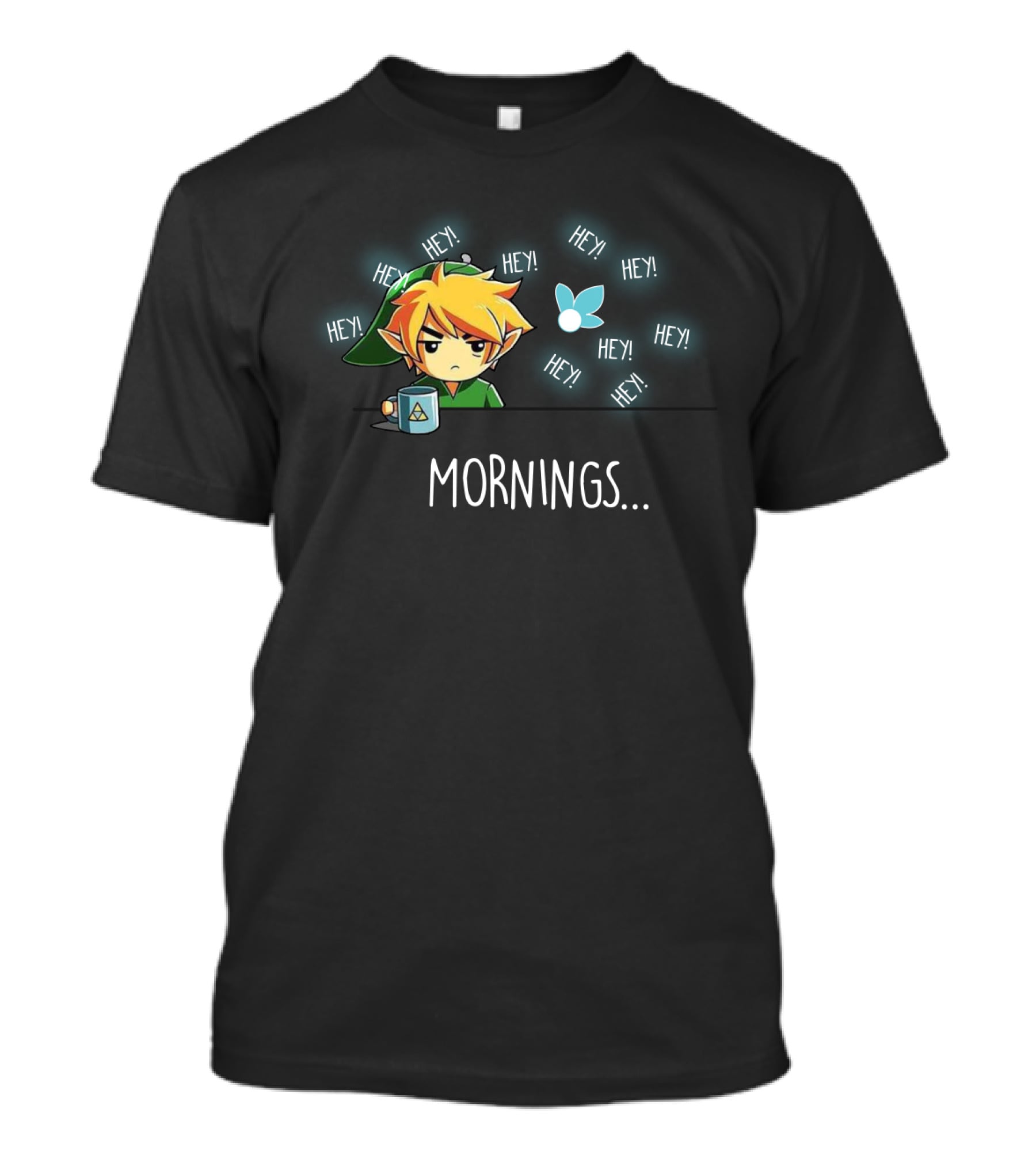 Link Character With Navi Fairy And Coffee Mug In Mornings Hey T-Shirt
