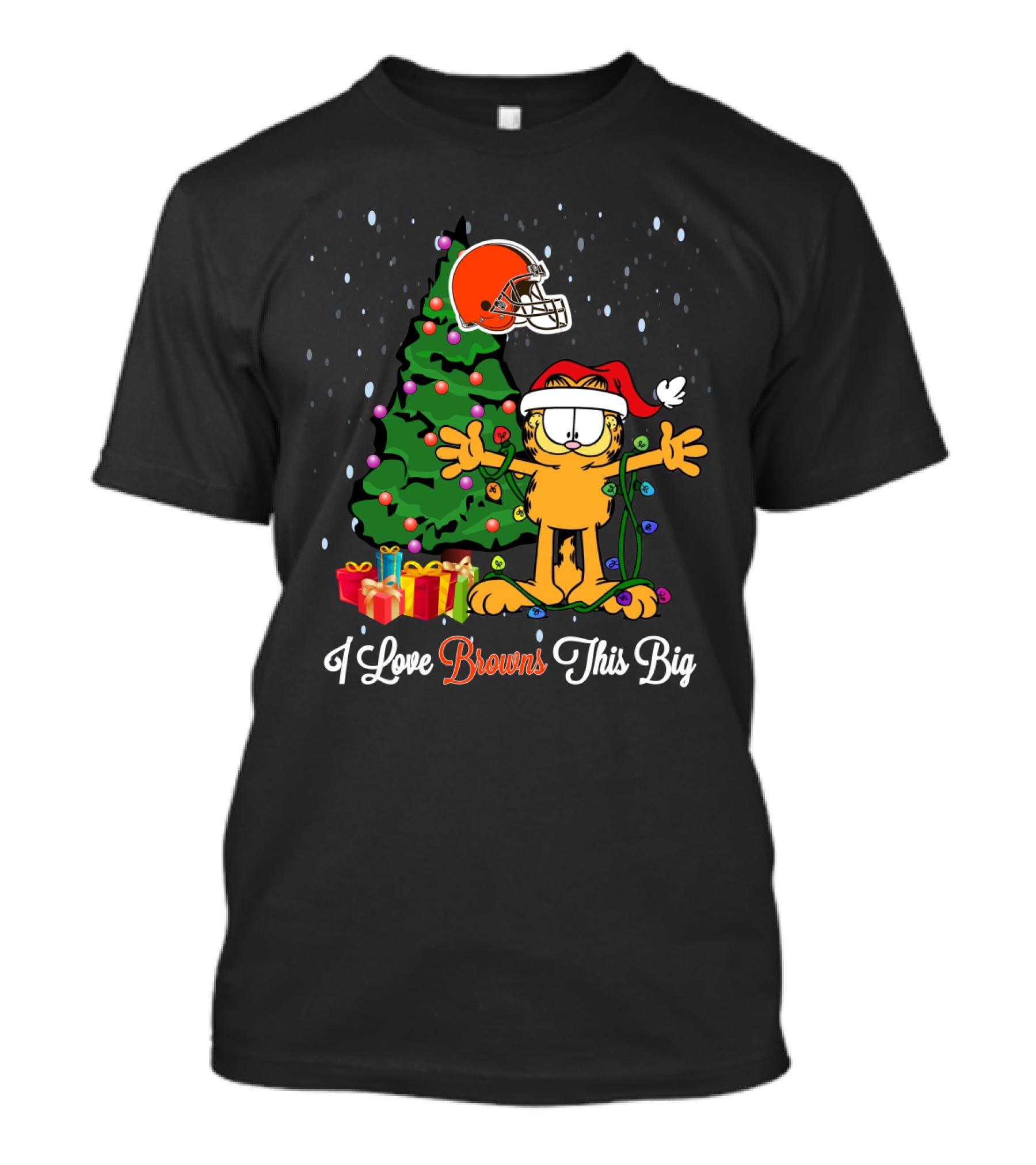 I Love Browns This Big Garfield Christmas Tree And Cleveland Browns Helmet T-Shirt
