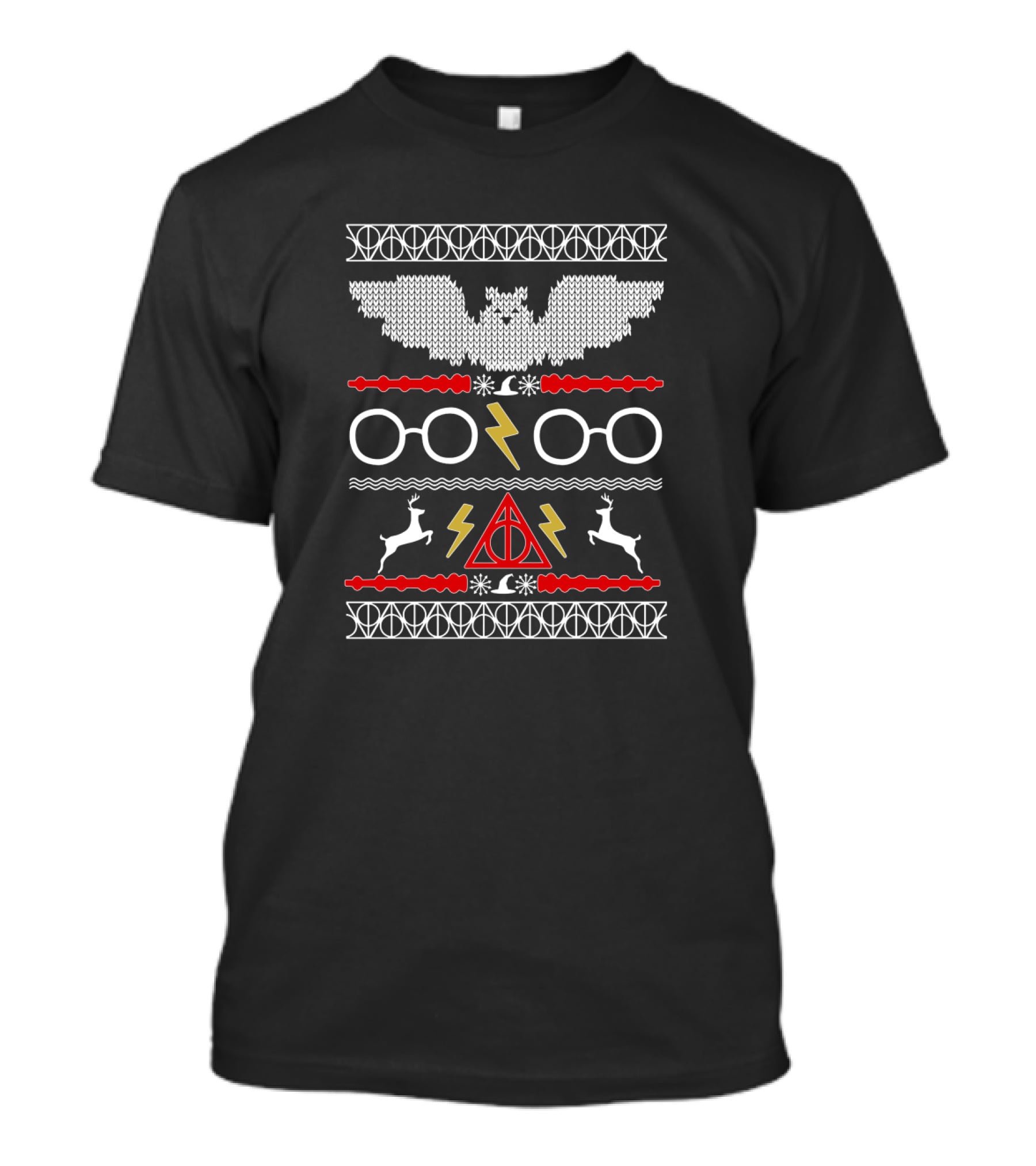 Hogwarts Holiday Sweater Style With Glasses Lightning Bolt And Deathly Hallows Symbols T-Shirt