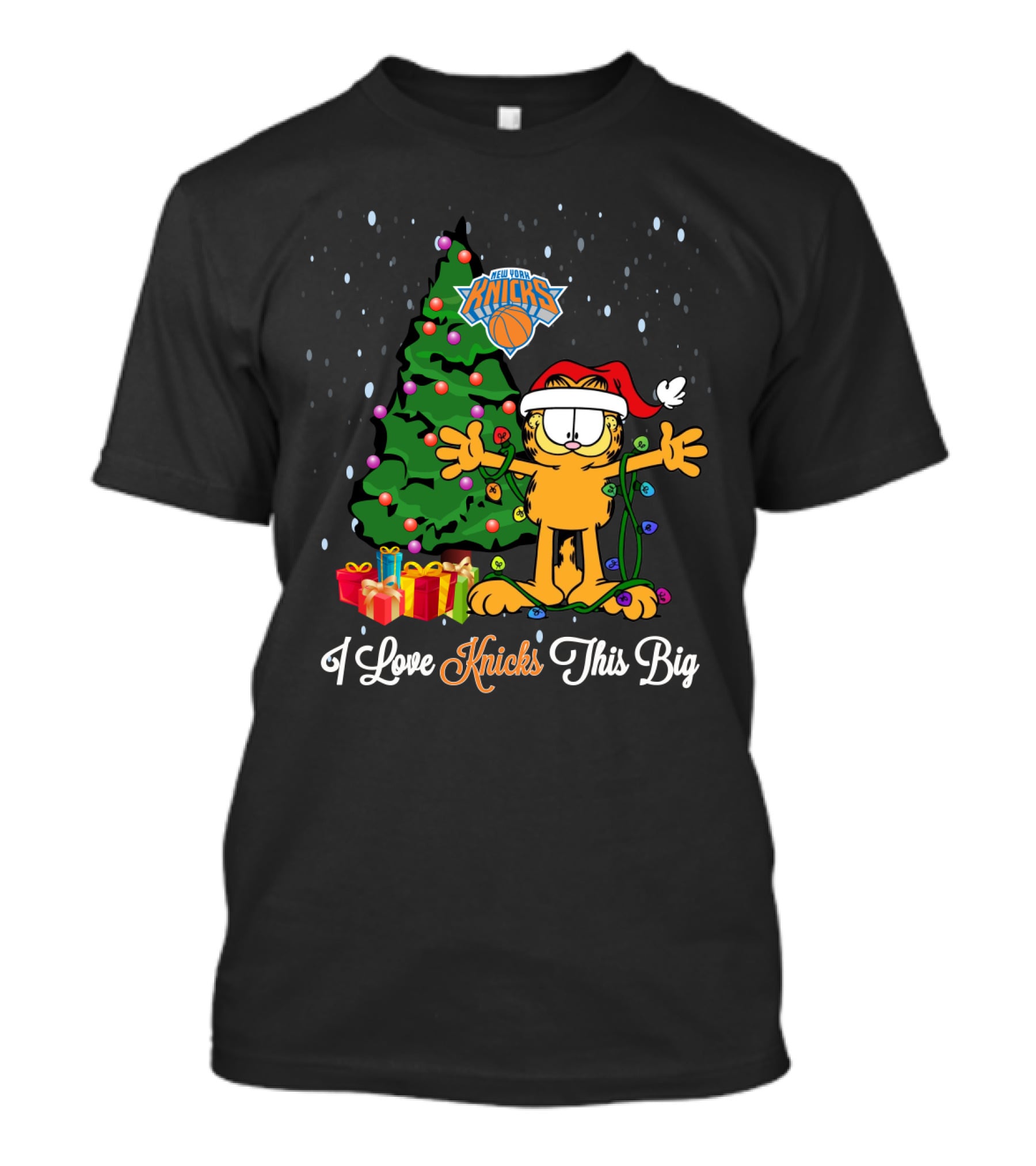 I Love New York Knicks Christmas Garfield Festive Scene With Santa Hat And Tree T-Shirt