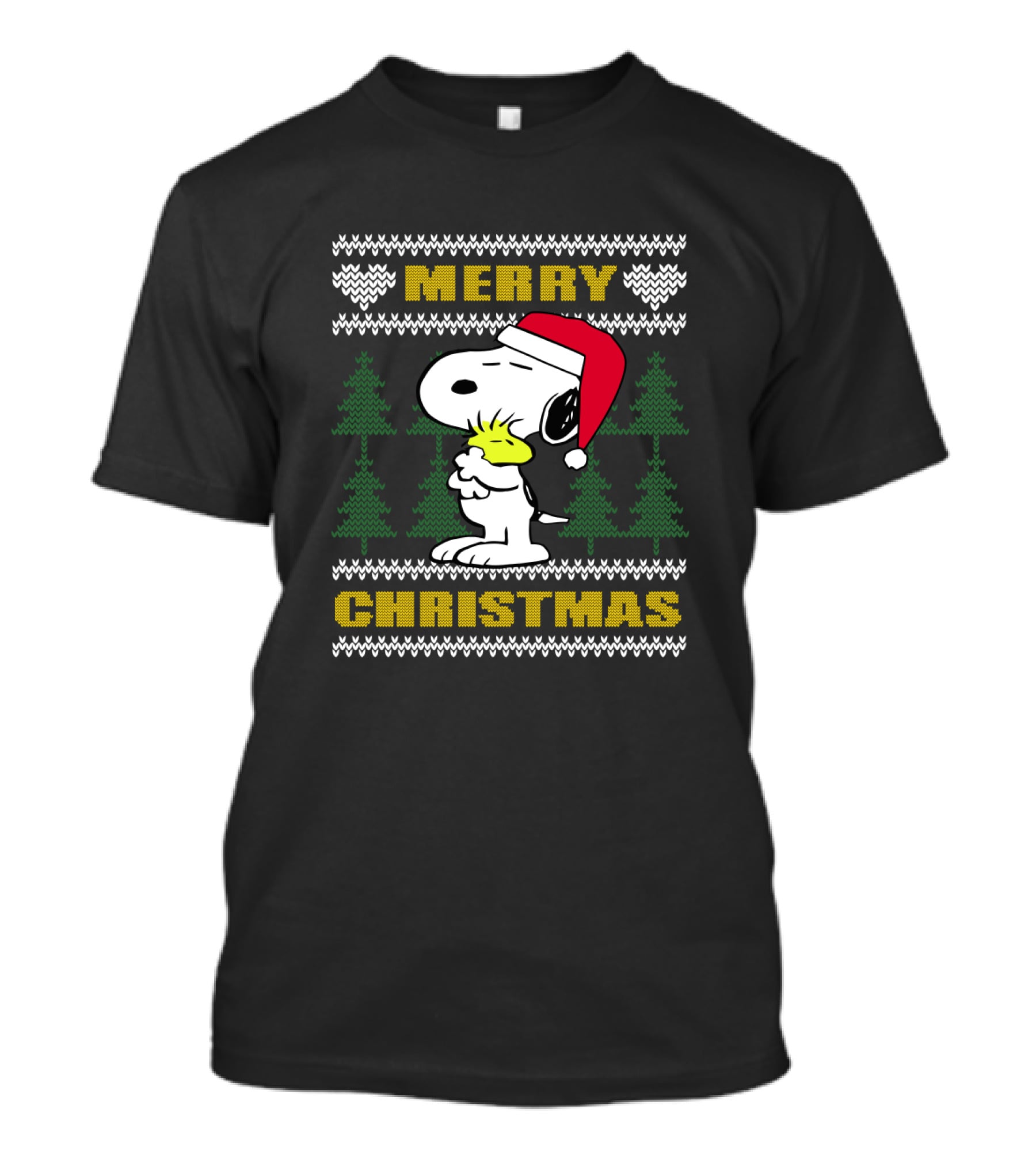Snoopy Woodstock Merry Christmas Santa Hat Peanuts Holiday Trees T-Shirt