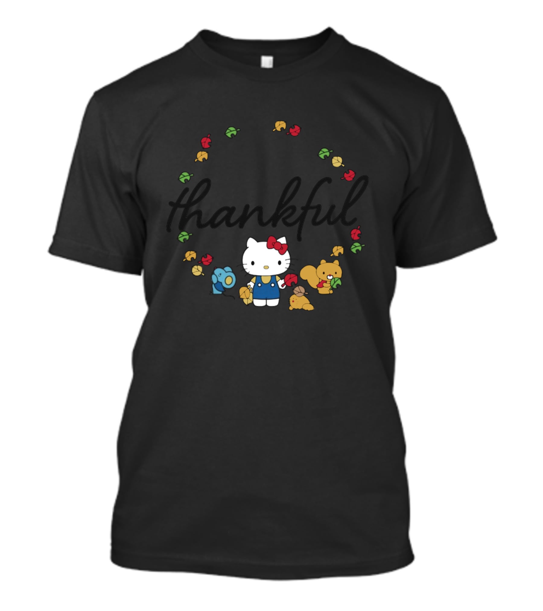 Thankful Hello Kitty Surrounded By Colorful Autumn Leaves And Forest Friends T-Shirt