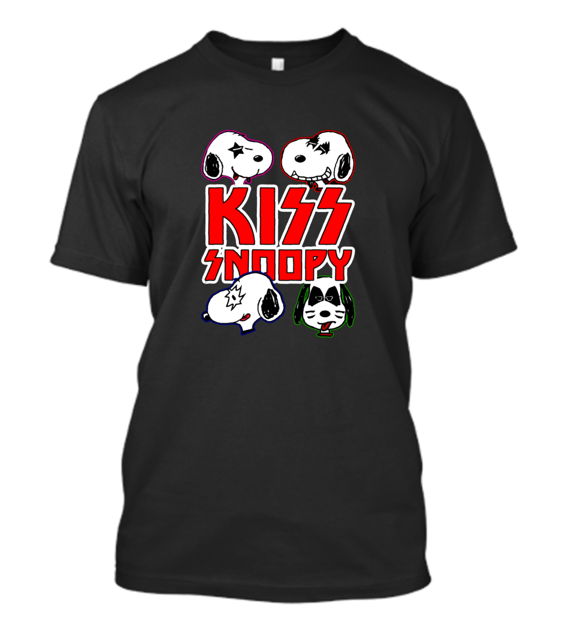 Kiss Snoopy Cartoon Characters Heavy Metal Style Iconic Band Faces T-Shirt