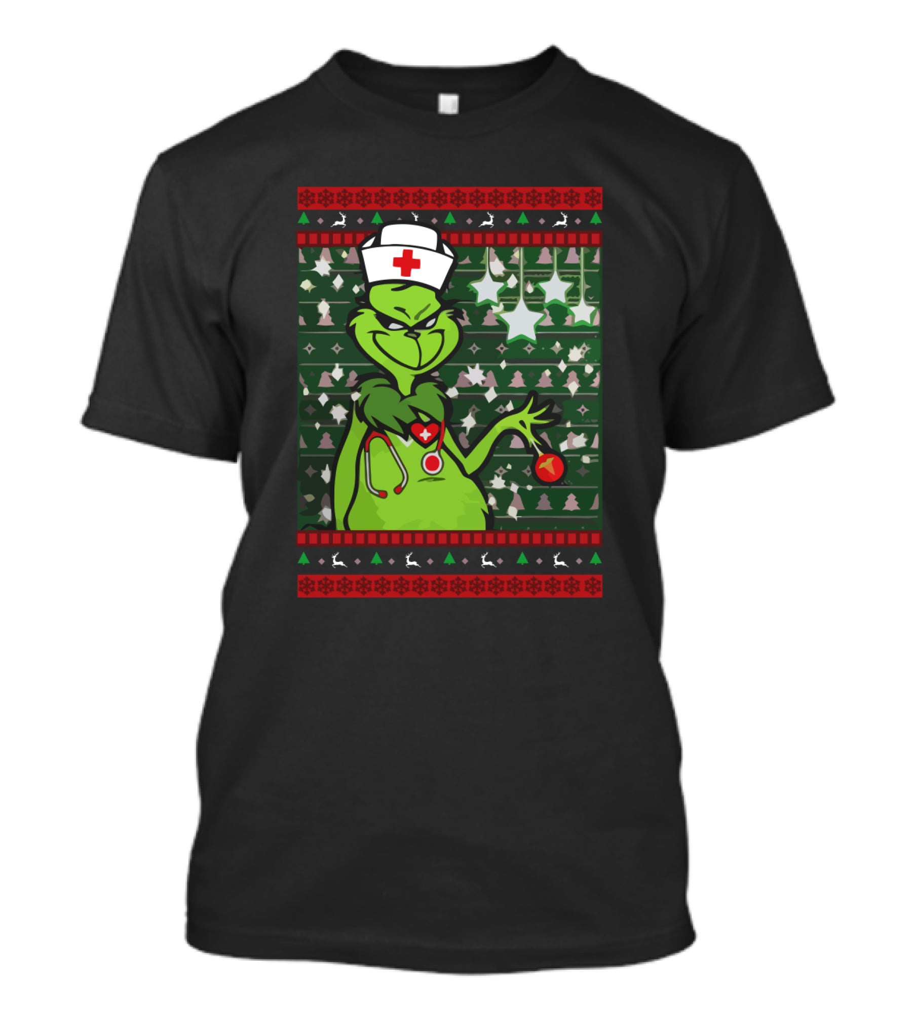 Nurse Ugly Sweater Merry Christmas Grinch With Nurse Hat And Stethoscope T-Shirt