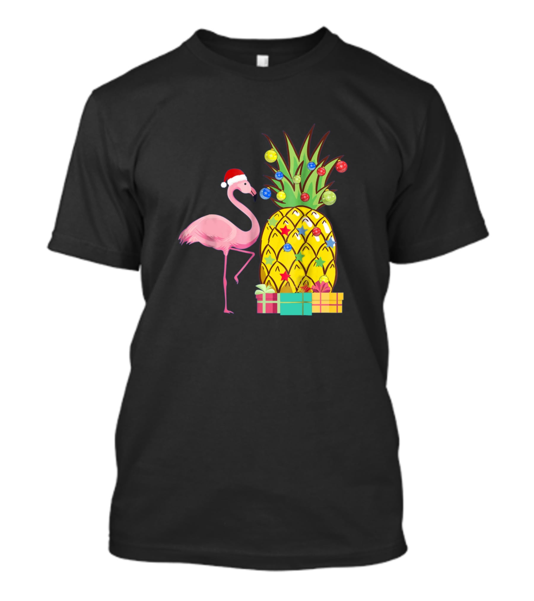 Santa Flamingo Christmas Pineapple With Colorful Ornaments And Holiday Gifts T-Shirt