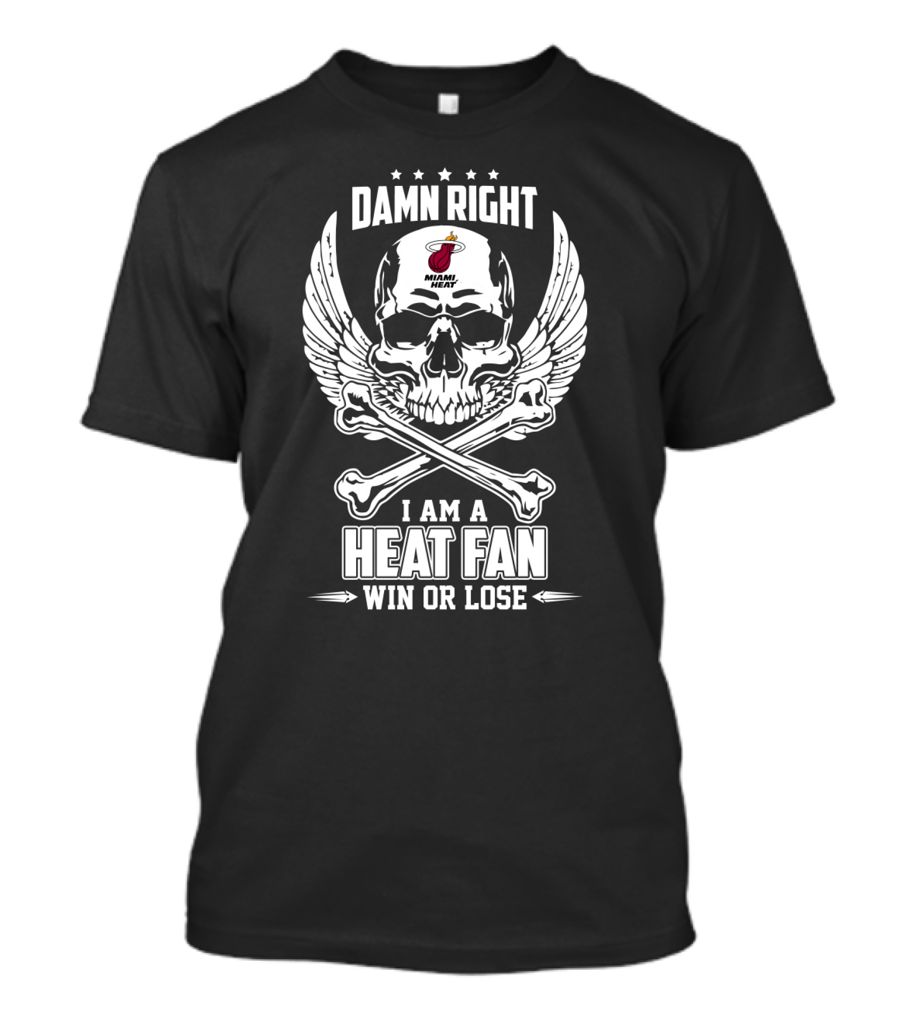 Damn Right Miami Heat Fan Win Or Lose Skull And Wings T-Shirt
