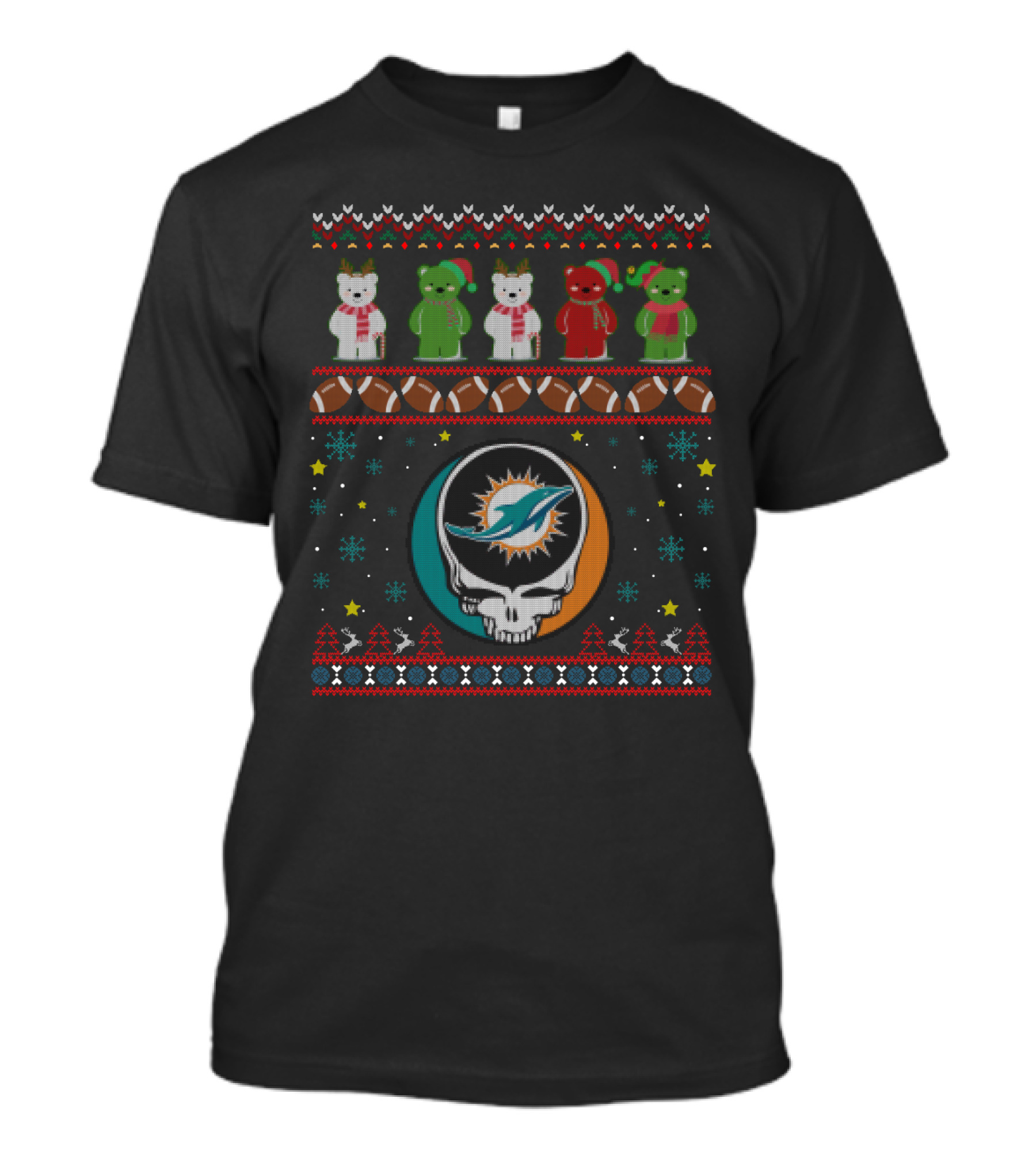 Miami Dolphins Grateful Dead Bears Christmas Football T-Shirt