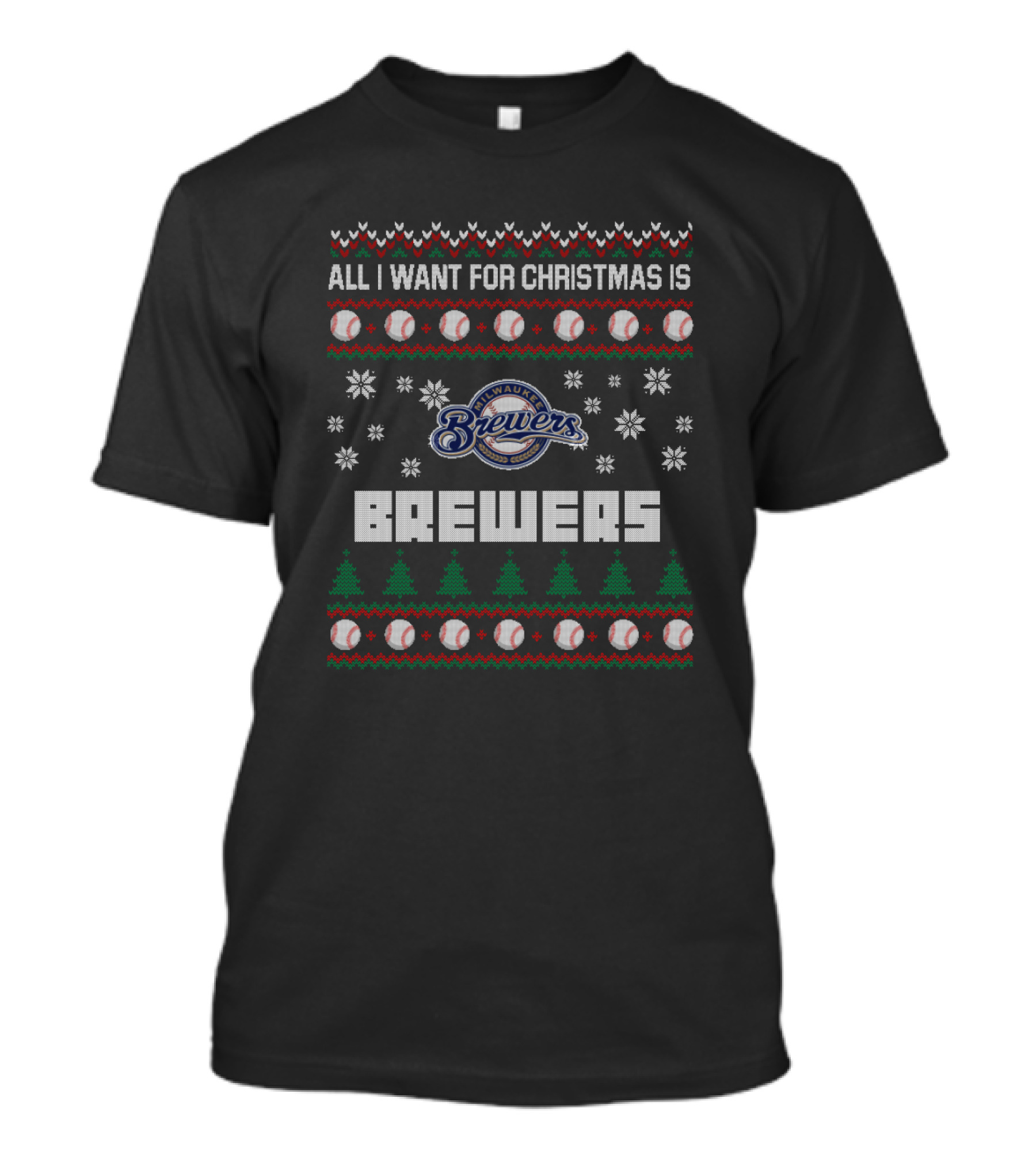 All I Want For Christmas Is Milwaukee Brewers Snowflakes Baseball Tree T-Shirt