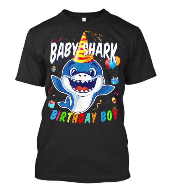 Baby Shark Birthday Boy Celebration With Party Hat And Balloons T-Shirt