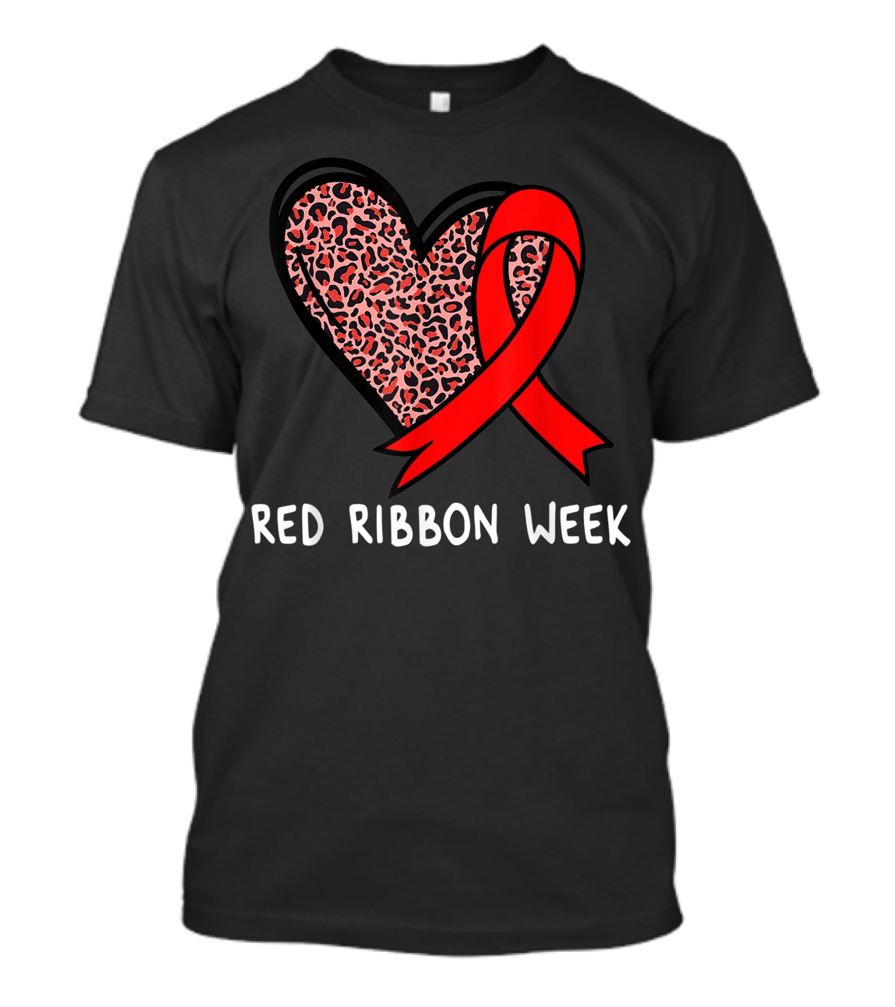 Red Ribbon Week Leopard Print Heart T-Shirt