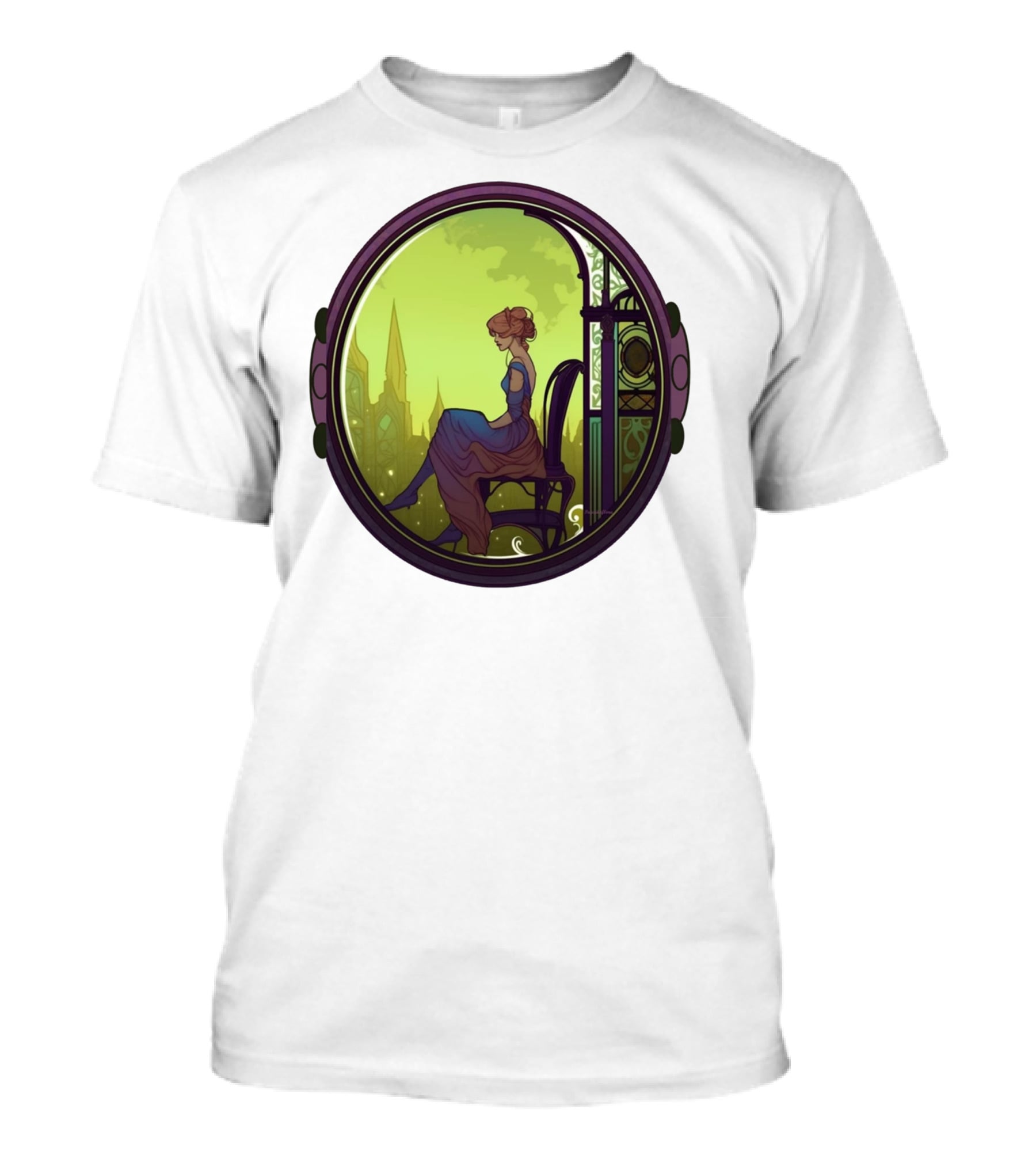 Mysterious Pensive Woman In Enchanted Gothic Cityscape T-Shirt