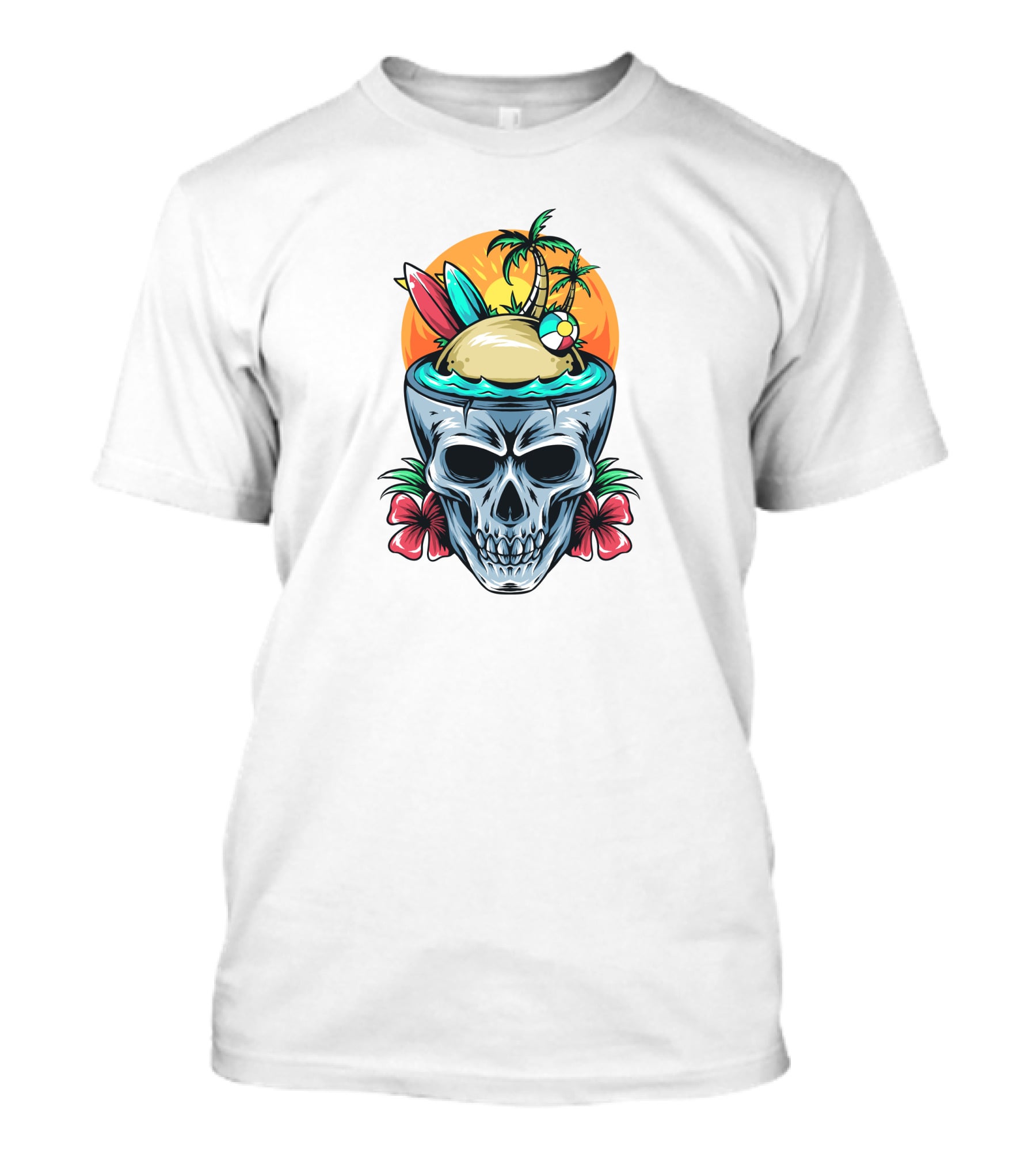 Summer Skull With Surfboards And Tropical Island T-Shirt