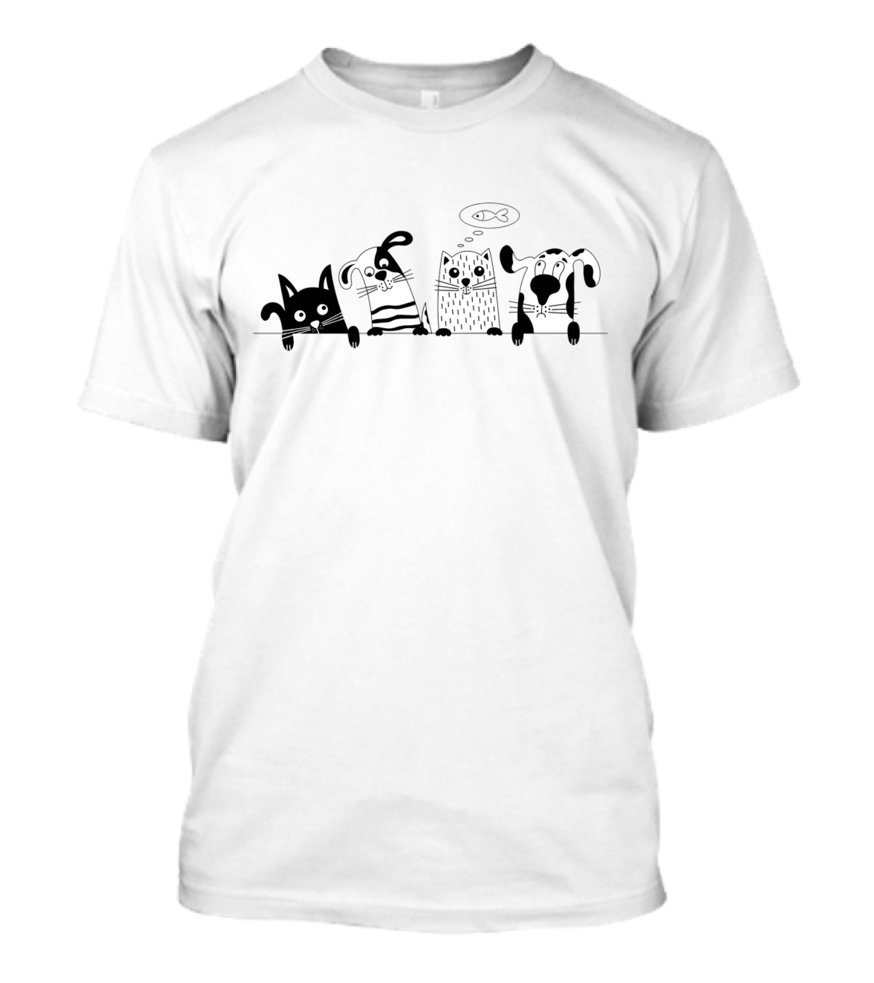 Animal Friends Cat Dog Cartoon With Thought Bubble Fish T-Shirt