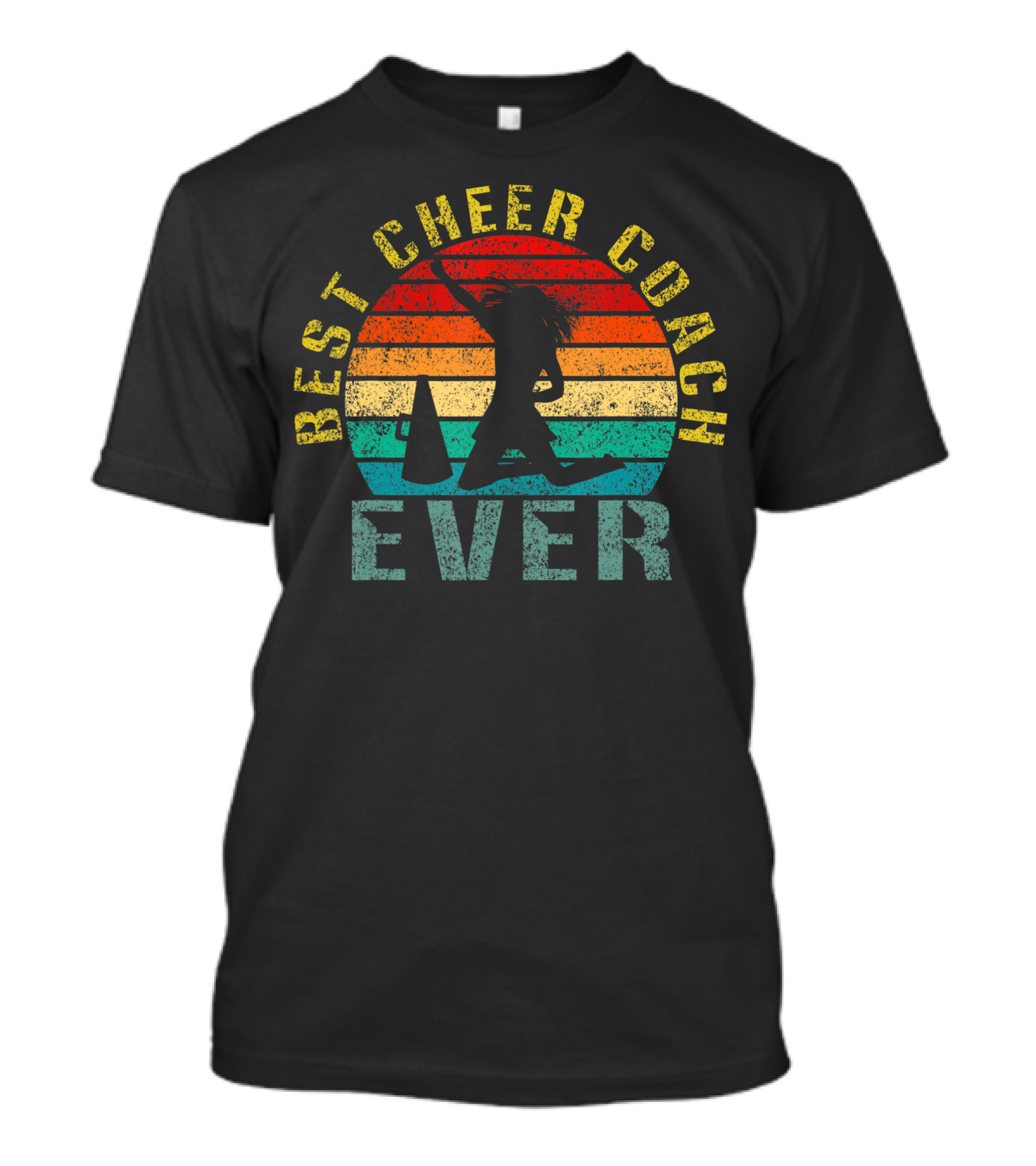 Best Cheer Coach Ever Vintage Silhouette With Megaphone And Sunset Stripes T-Shirt