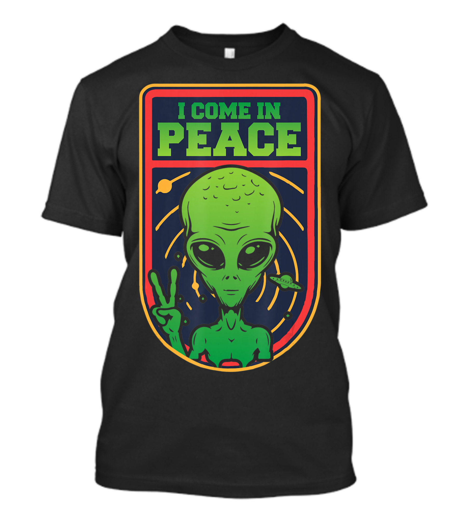 I Come In Peace Green Alien Face Head With UFO And Peace Sign T-Shirt