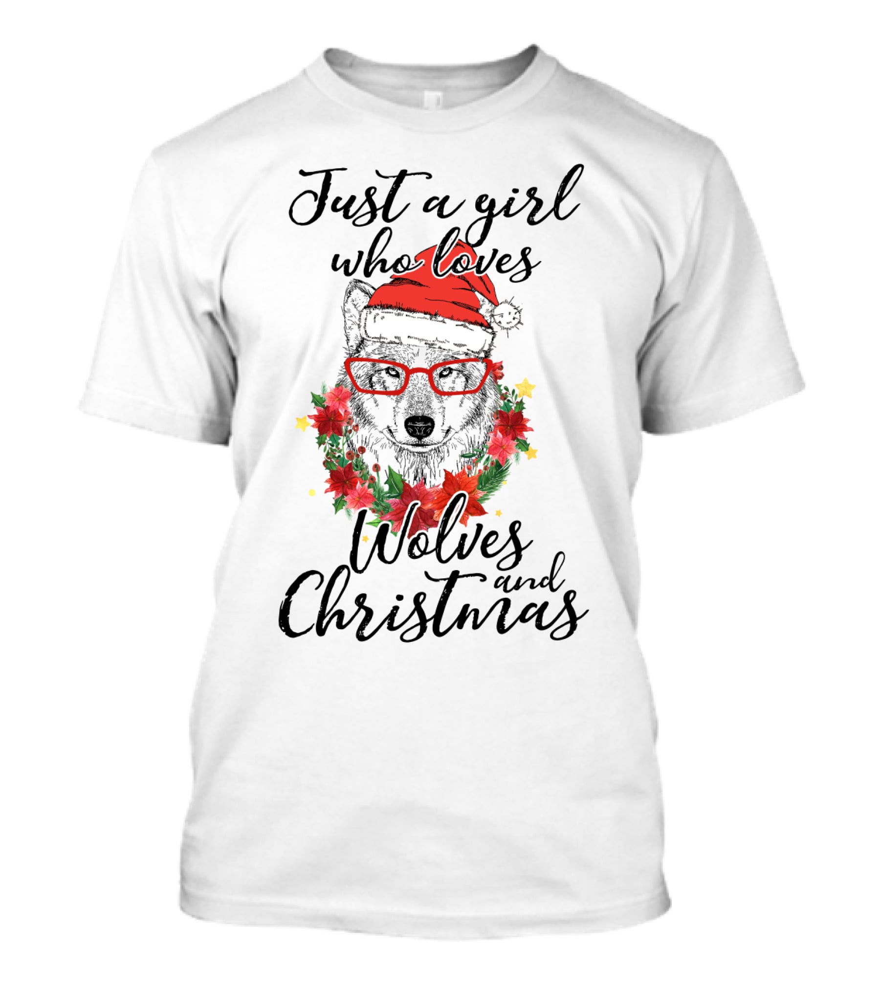 Girl's Love For Wolves And Christmas Santa Hat And Glasses T-Shirt