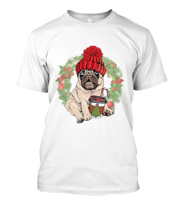 Festive Pug In Red Hat Holding Christmas Cup Surrounded By Holiday Wreath T-Shirt