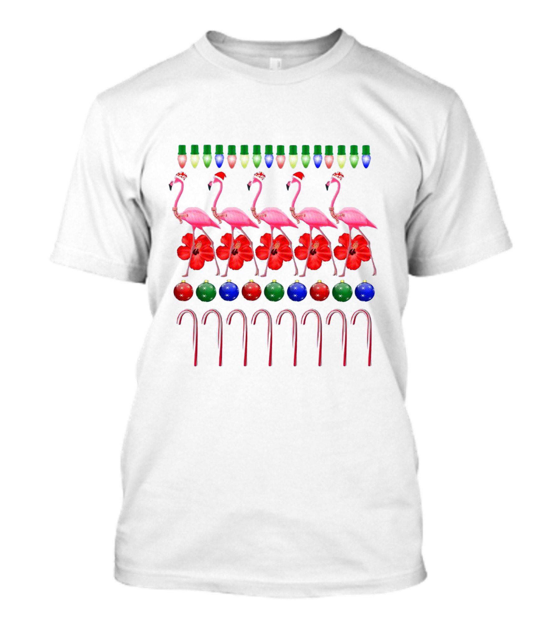 Ugly Christmas Pink Flamingo With Festive Lights Hibiscus Ornaments And Candy Canes T-Shirt