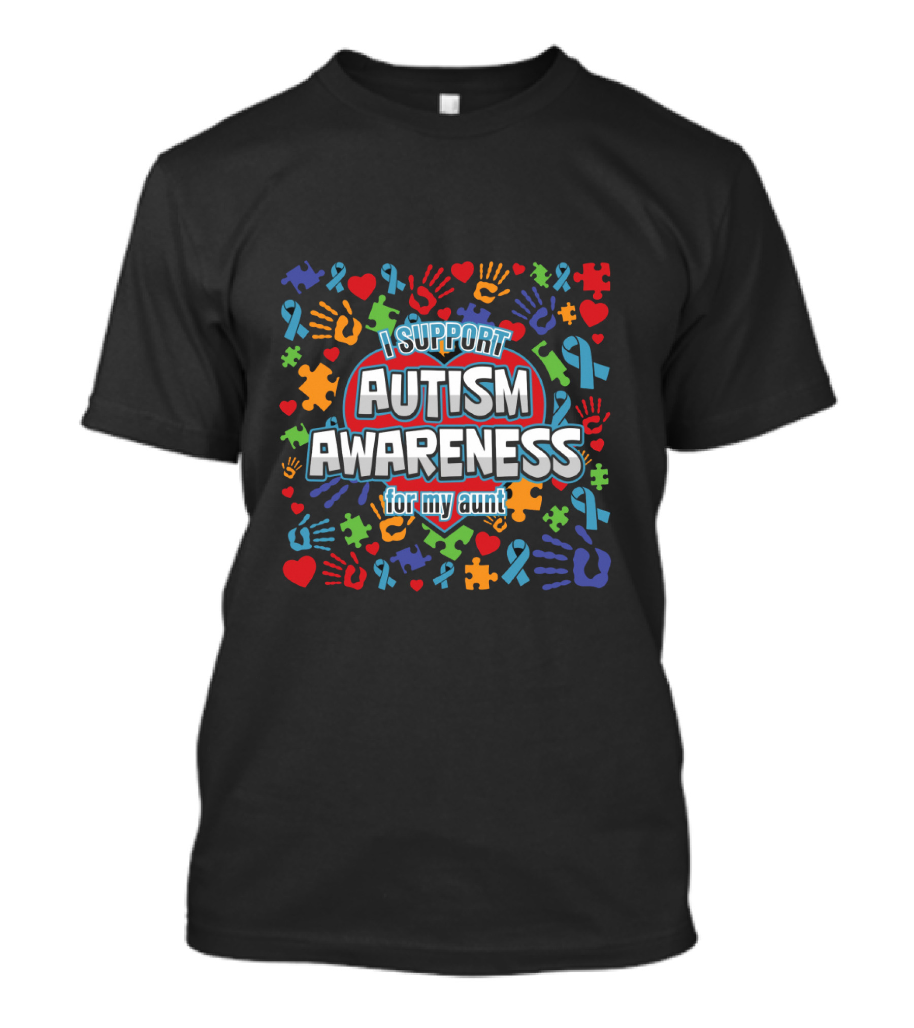 I Support Autism Awareness For My Aunt Colorful Puzzle Ribbon Hearts Hands T-Shirt