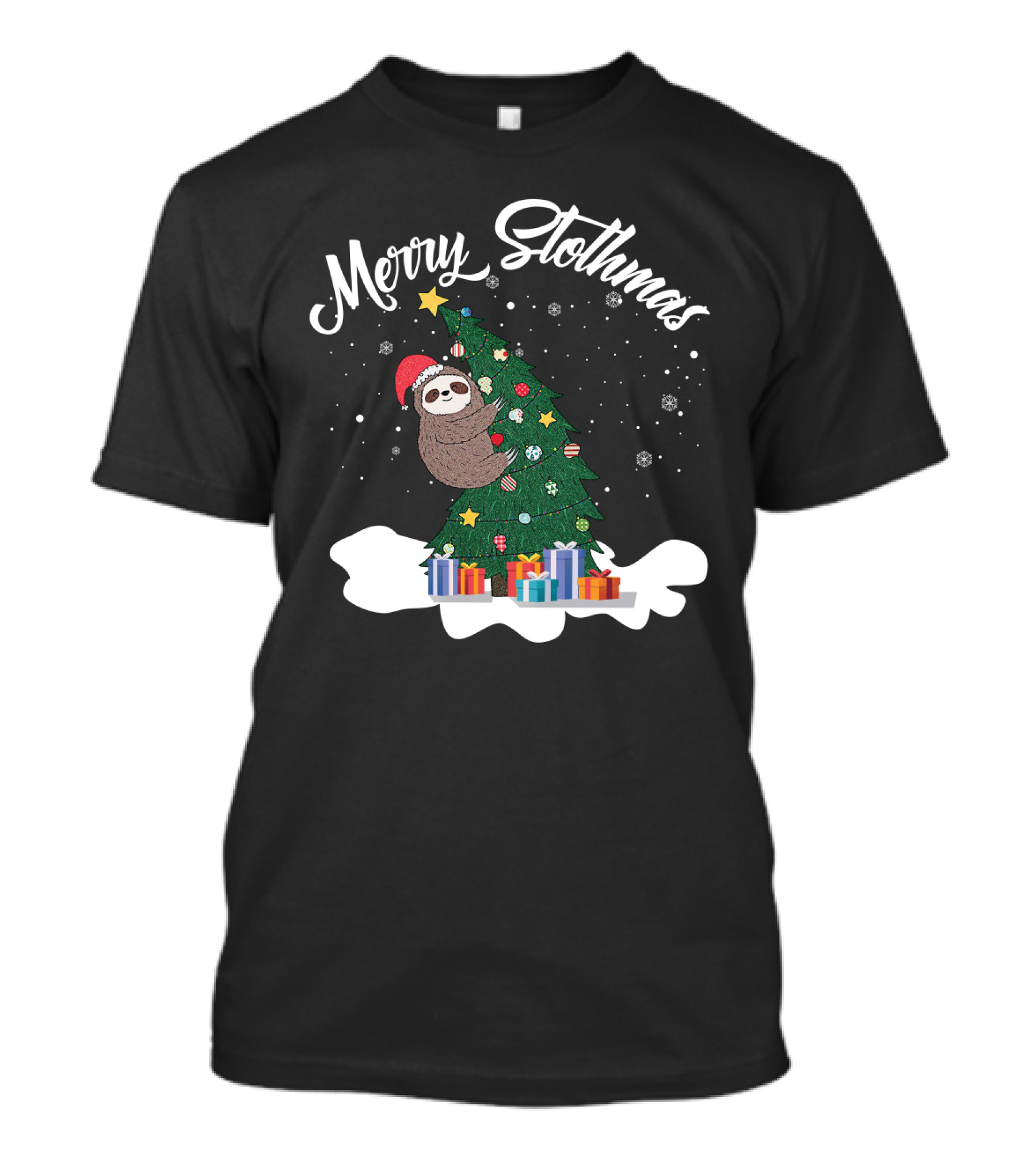 Merry Slothmas Christmas Sloth With Santa Hat On Christmas Tree And Snowflakes T-Shirt