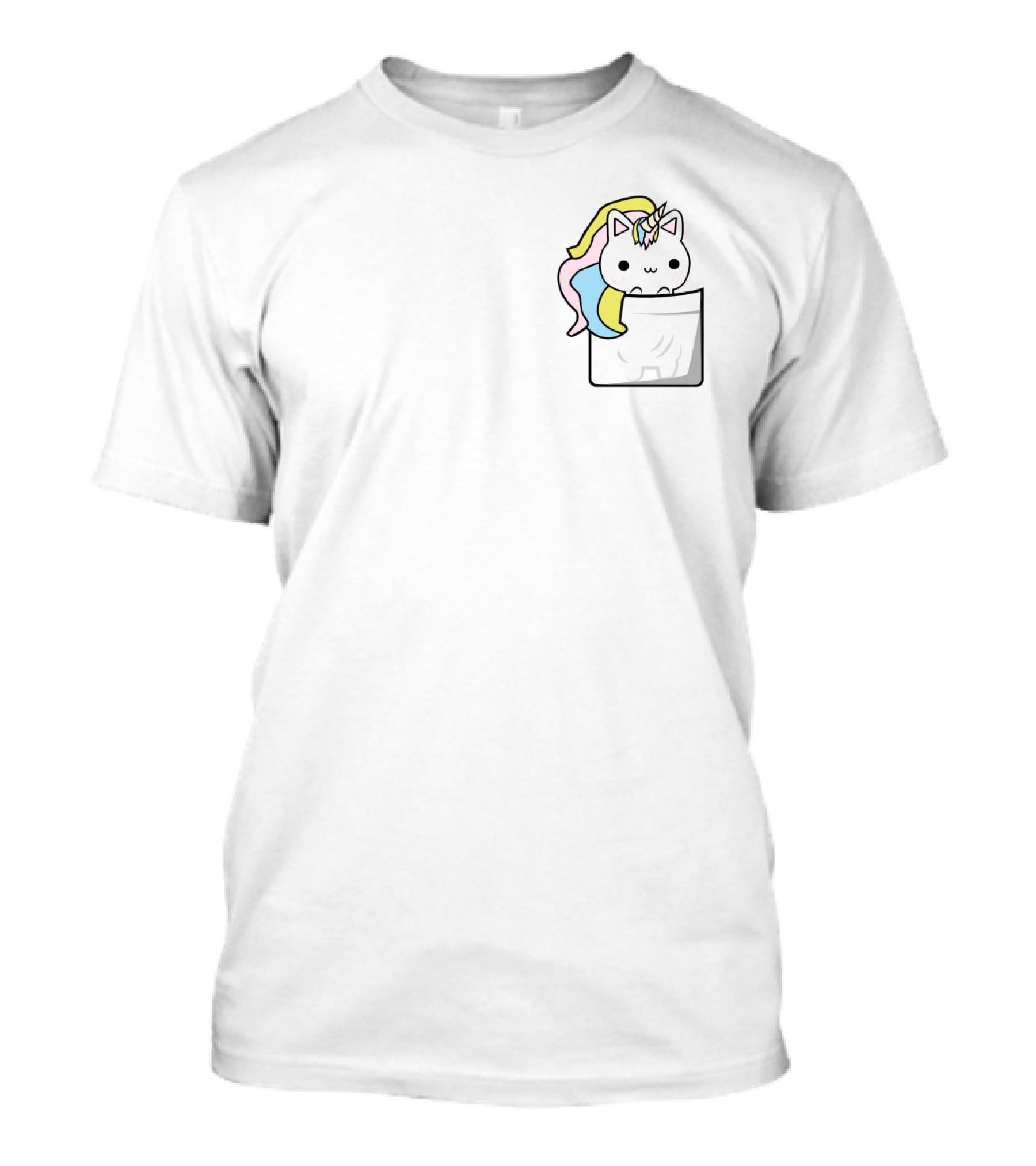 Pocket Unicorn Cat Kawaii Rainbow Mane Playful Cartoon T-Shirt
