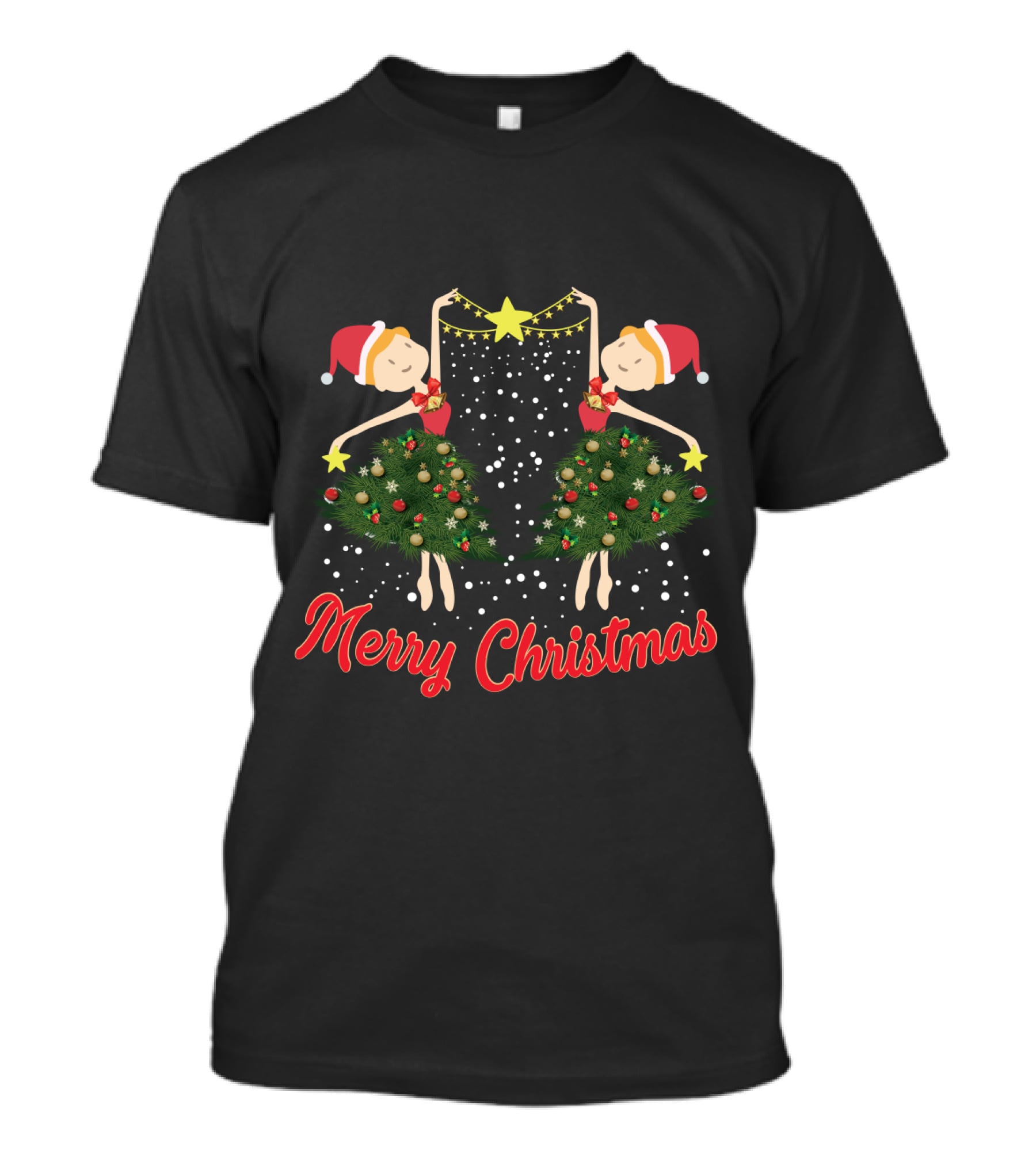 Merry Christmas Ballet Dancers With Festive Santa Hats And Holiday Tree Dresses T-Shirt