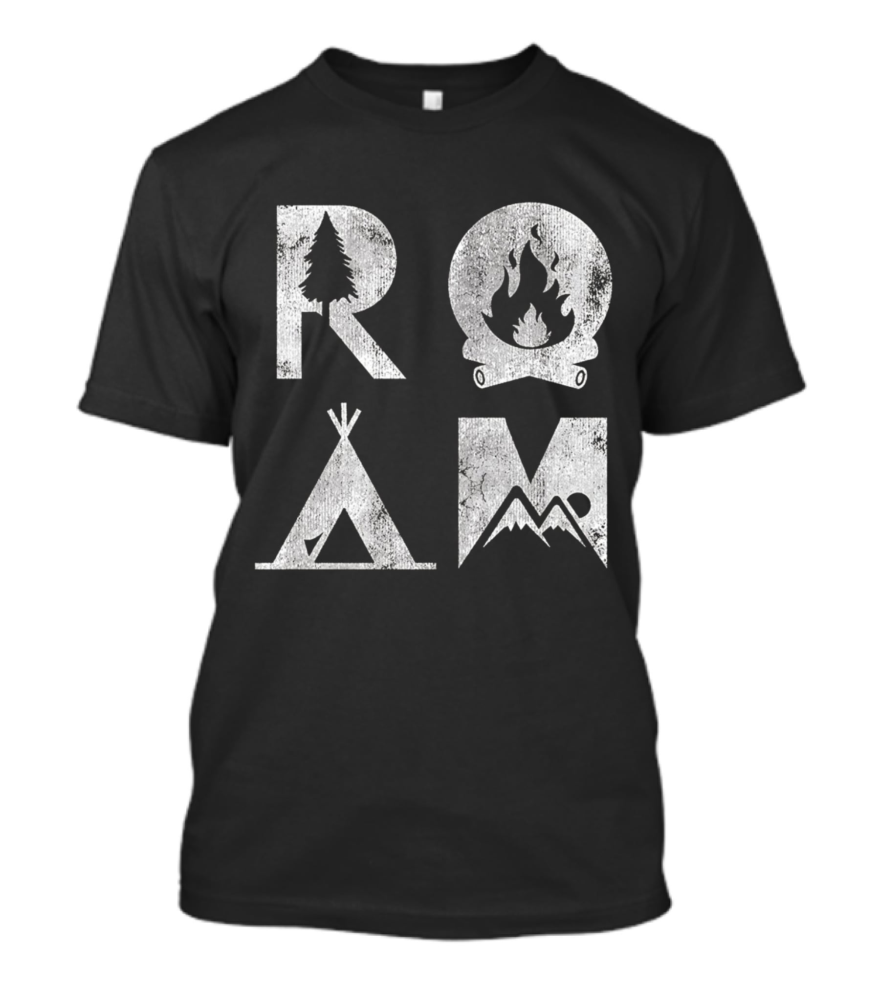 Roam Text Stack With Tree Campfire Tent Mountain Iconography Explore Nature Camping T-Shirt
