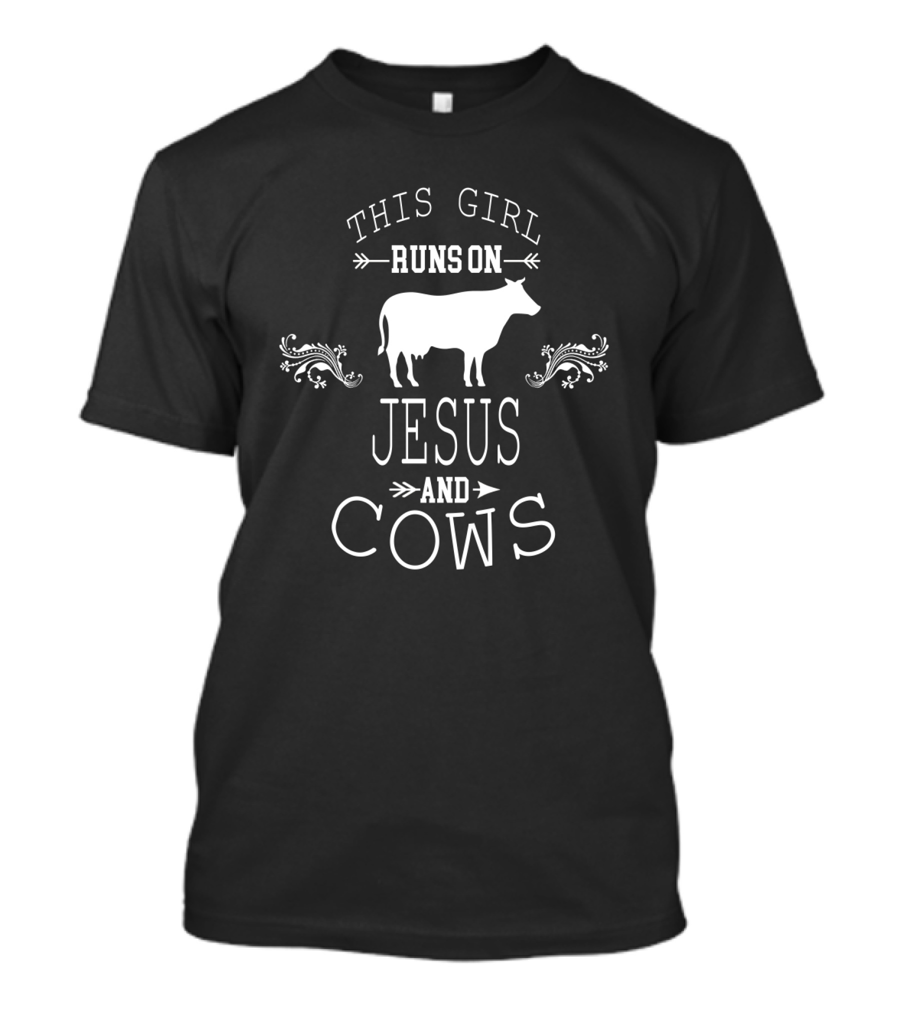 This Girl Runs On Jesus And Cows With Cow Silhouette And Decorative Flourishes T-Shirt