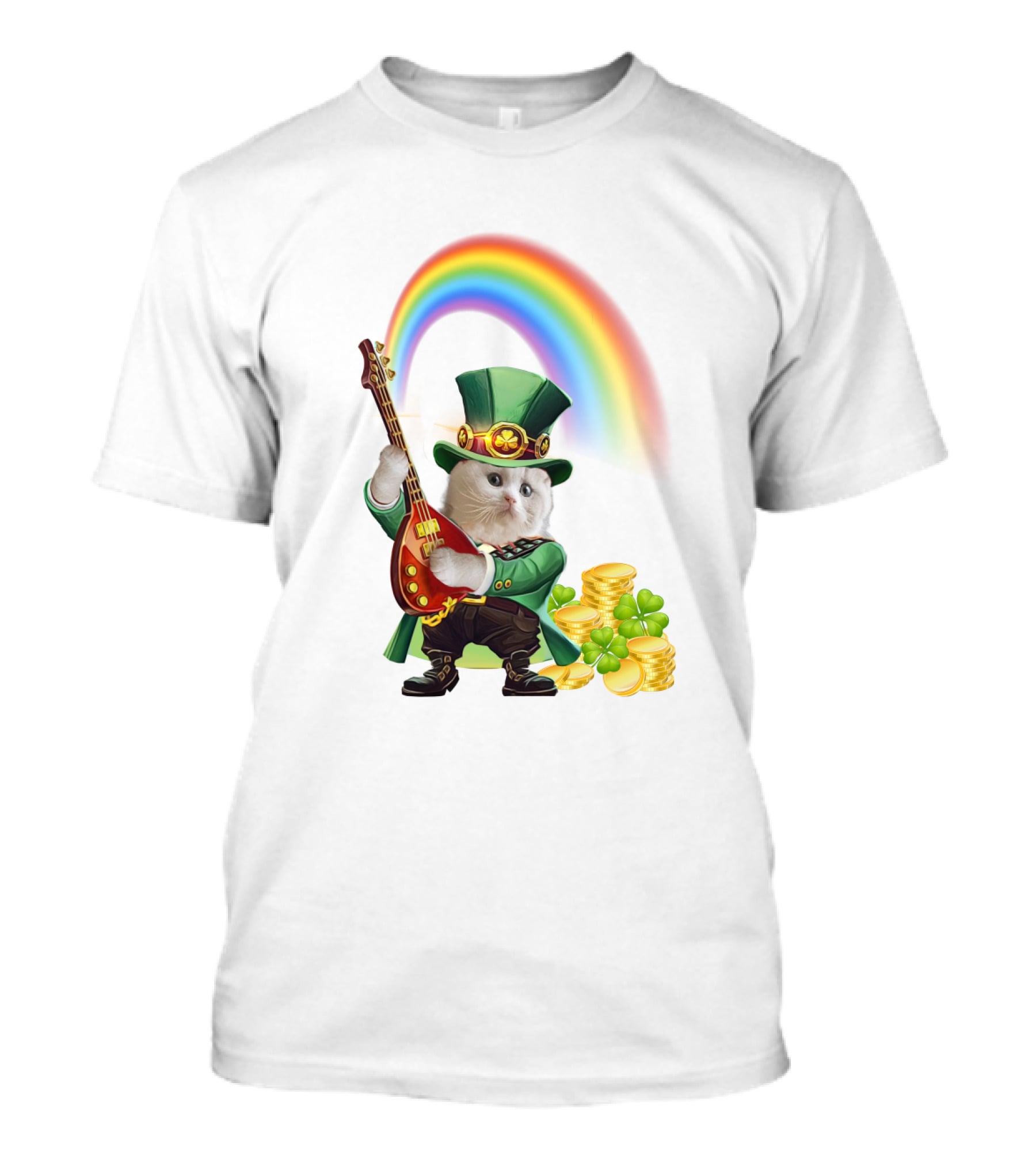 Cat Playing Guitar In Leprechaun Outfit With Rainbow And Gold Coins T-Shirt