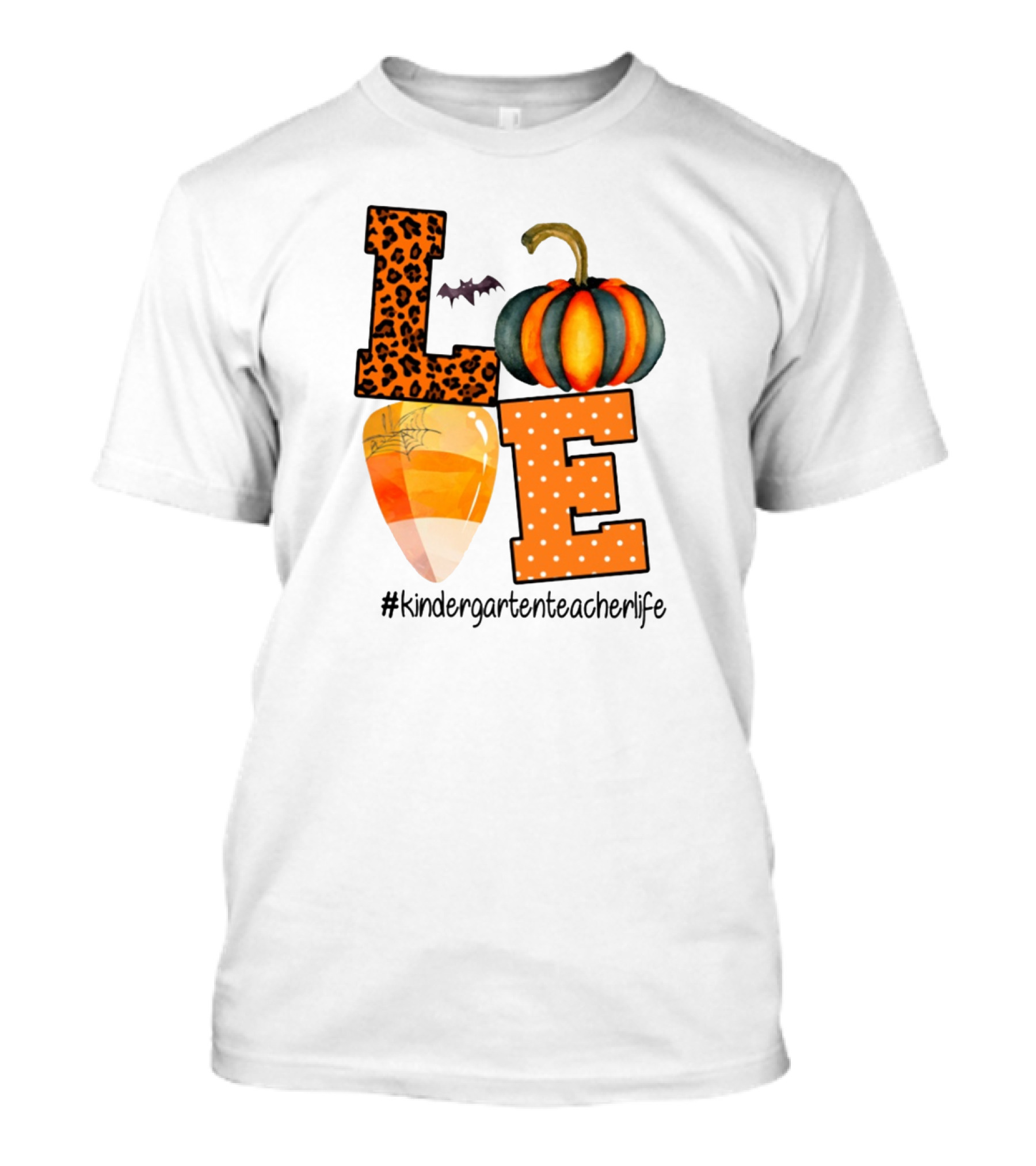 Love Kindergarten Teacher Life Halloween Pumpkin Candy Corn Leopard Print T-Shirt