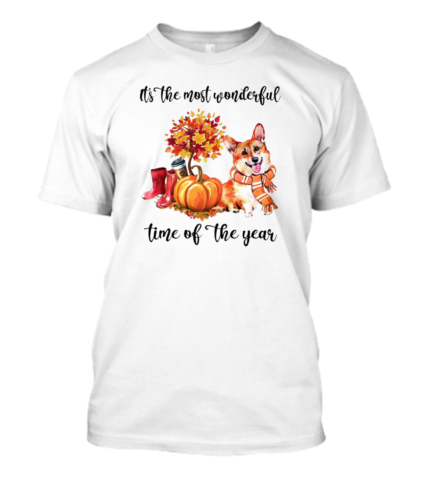 It's The Most Wonderful Time Of The Year Corgi Dog Autumn Leaves Scarf Pumpkins And Boots T-Shirt