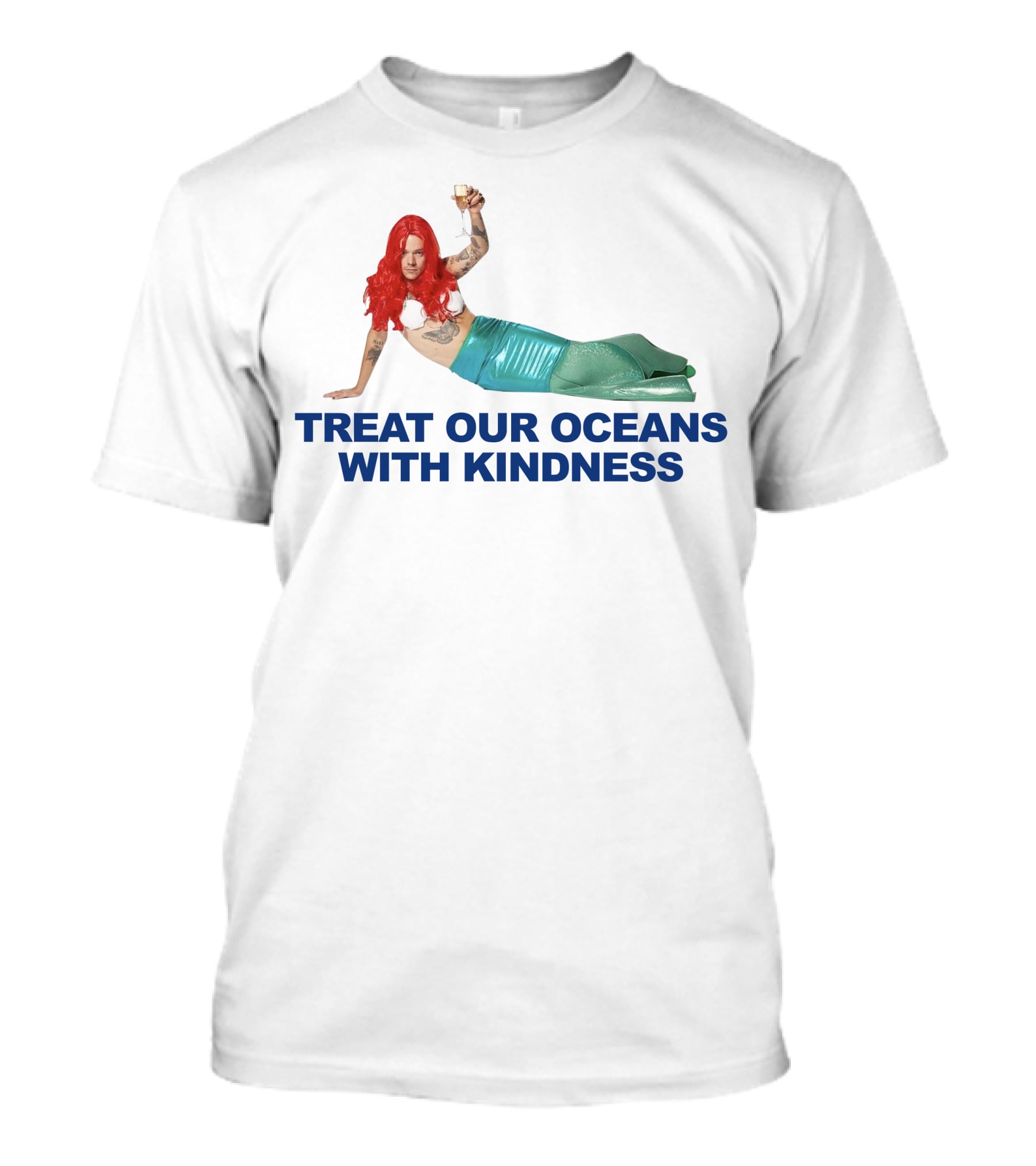 Treat Our Oceans With Kindness Red-Haired Mermaid Holding Glass T-Shirt
